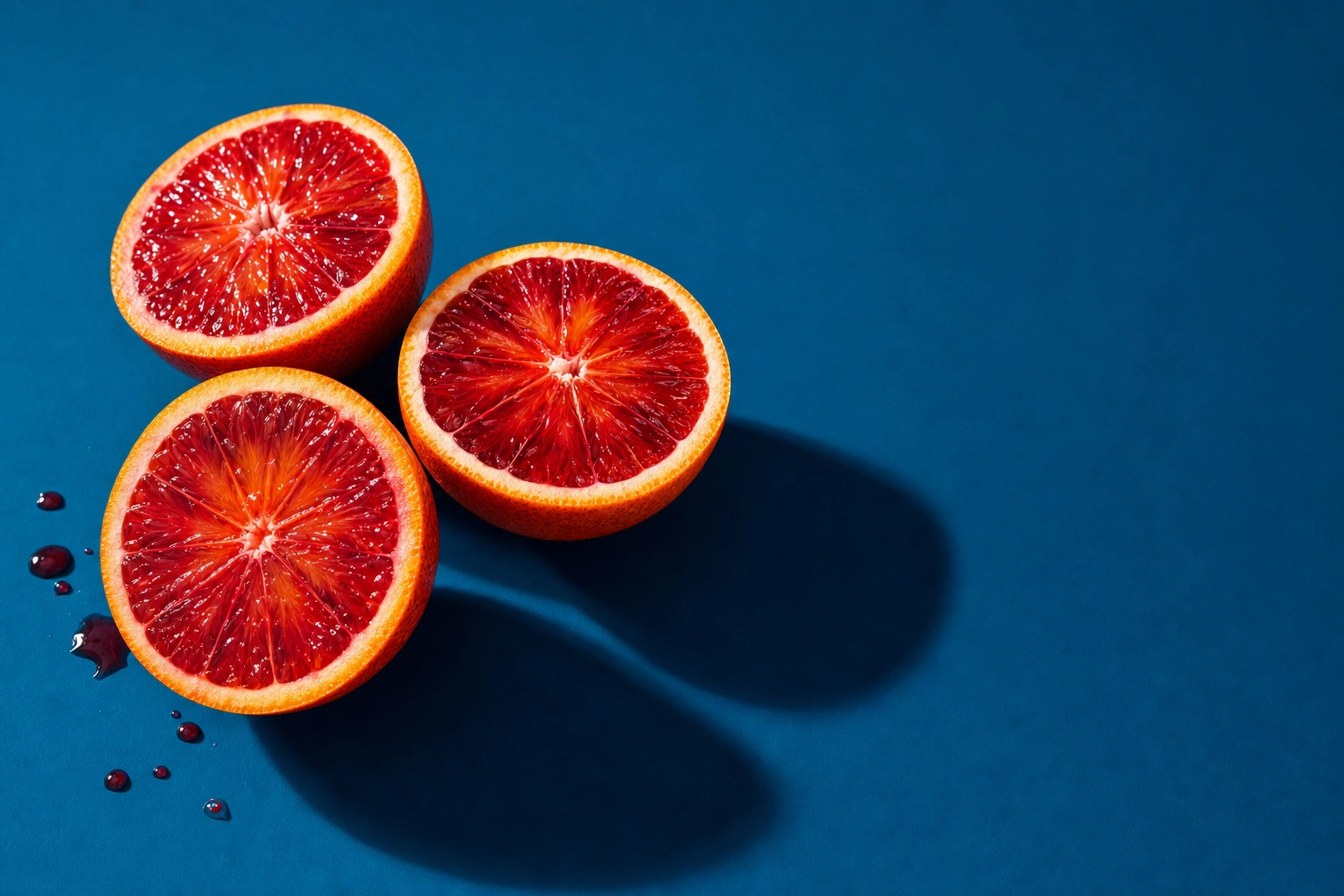 Halved blood oranges on a teal background showing complementary color theory in vibrant fruit photography