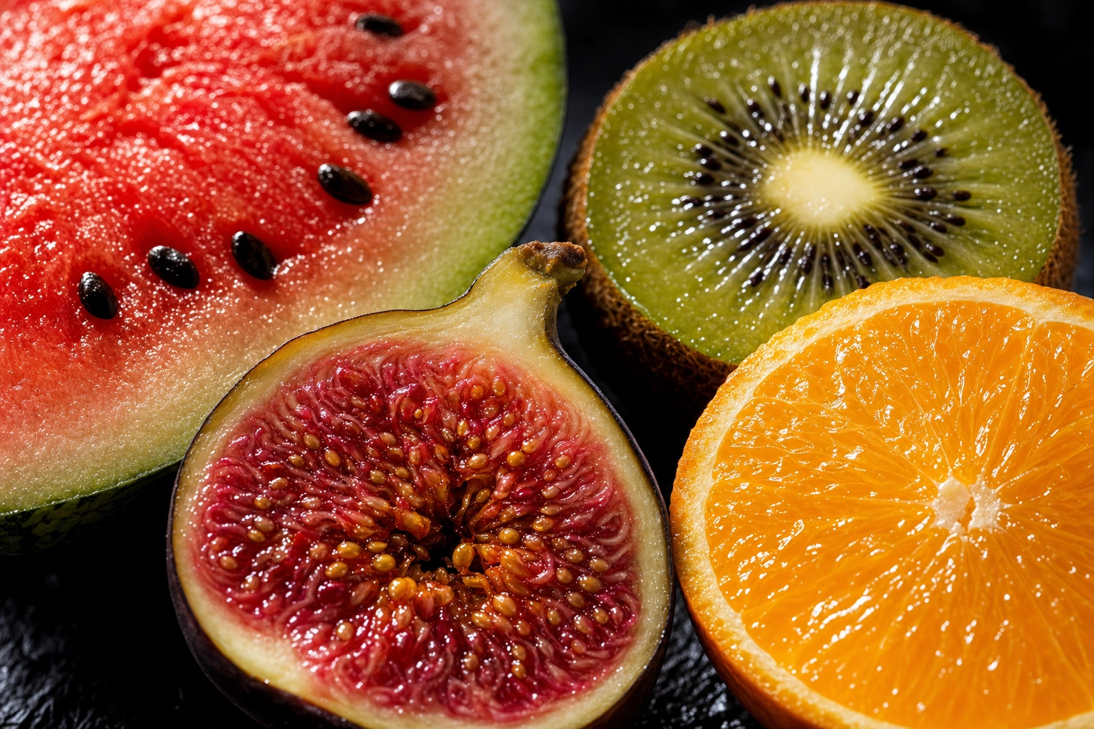 Macro cross-section fruit photography of halved watermelon, kiwi, fig and orange glistening on dark slate