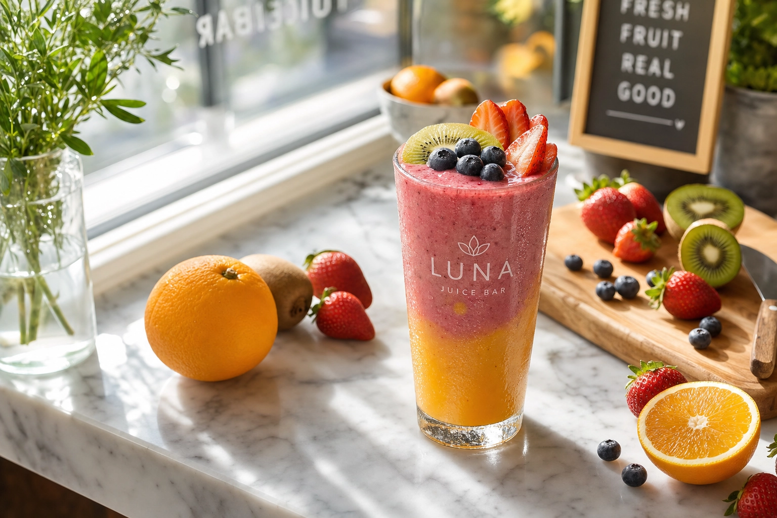 Fresh layered fruit smoothie in a tall glass on a sunlit juice bar counter surrounded by whole fruit