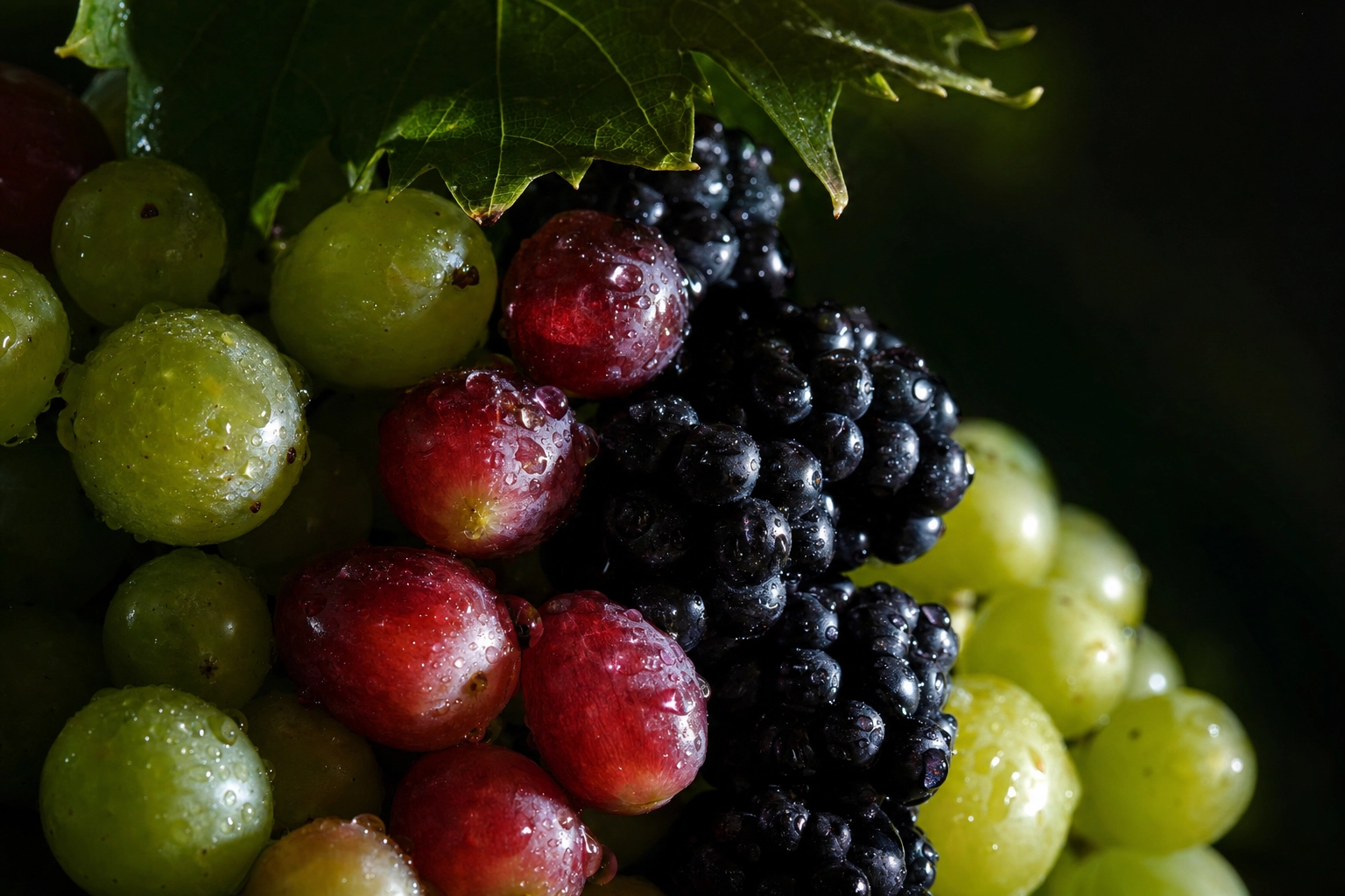Side-lit grapes and blackberries with silvery bloom and water droplets in close-up fresh fruit photography