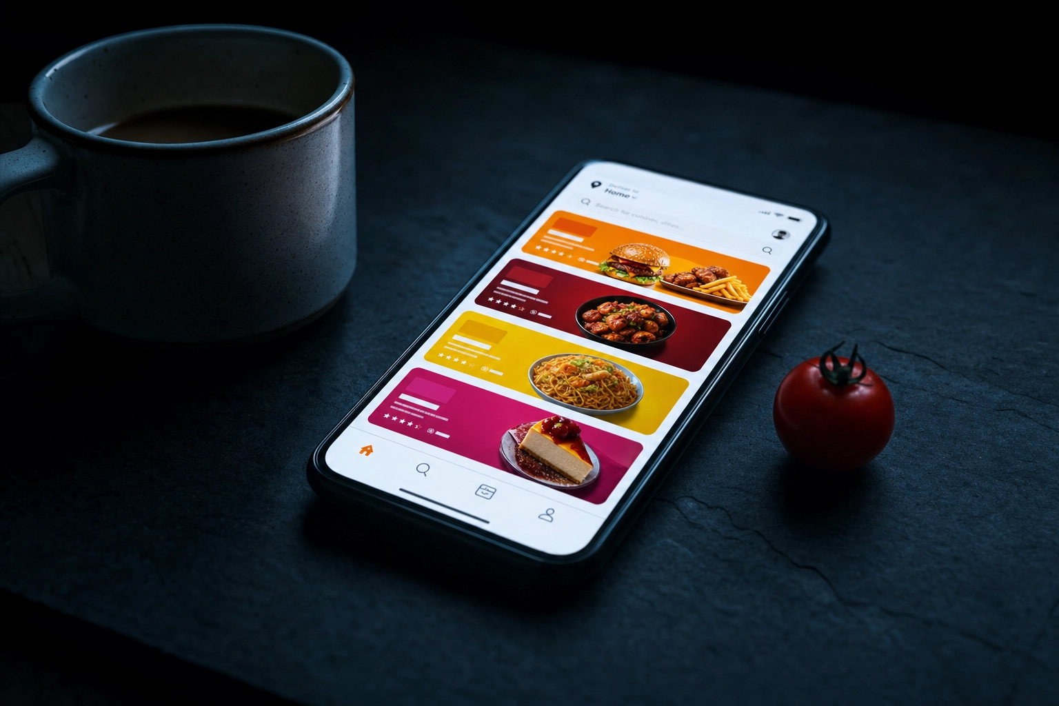 Smartfon wyświetlający kanał aplikacji dostawczej z kolorowymi miniaturkami marek ghost kitchen rywalizujących o uwagę w przyciemnionym świetle