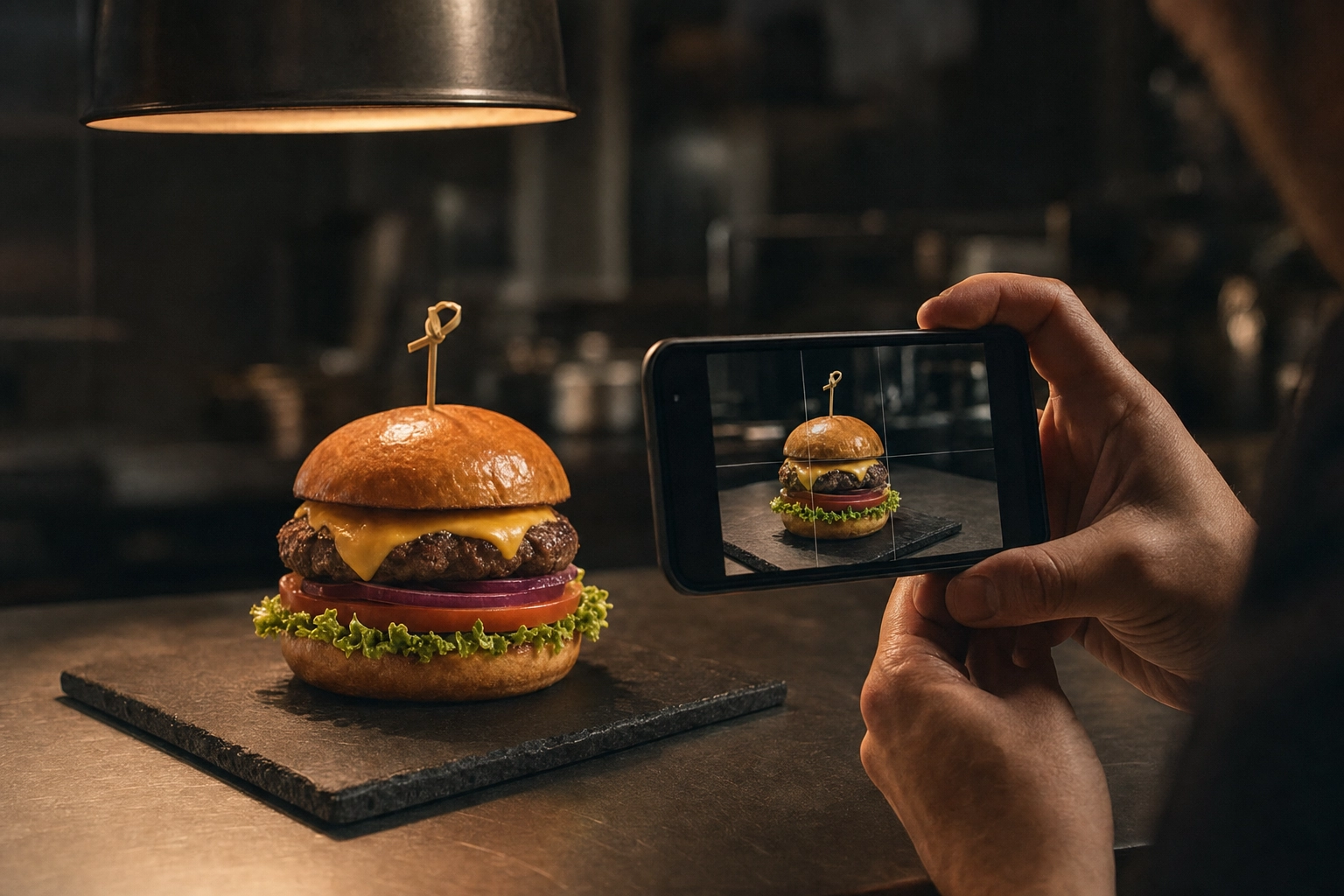 Kucharz robiący telefonem zdjęcie świeżo wyłożonego cheeseburgera, by przekształcić je w grafikę gotową do menu marki ghost kitchen
