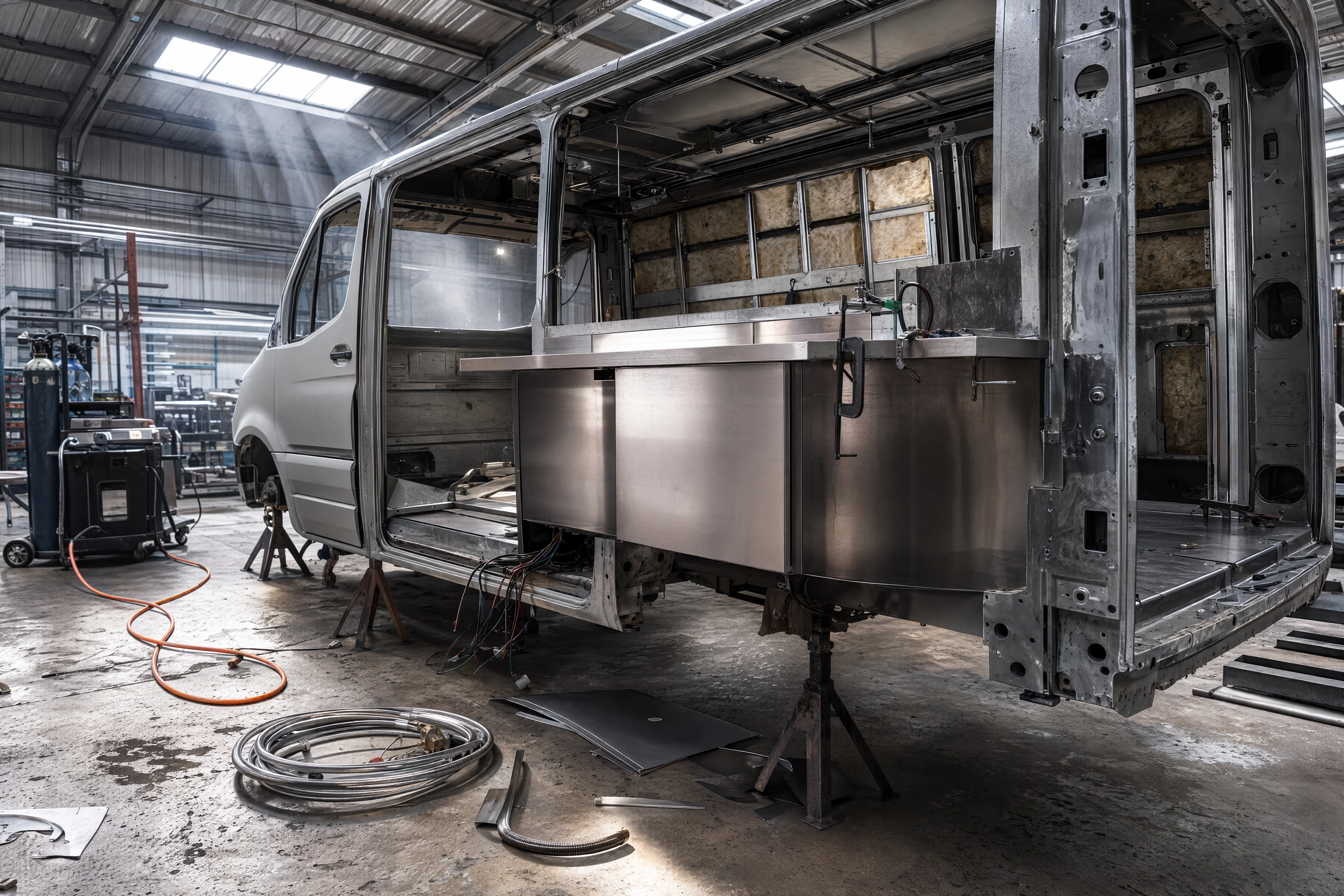 Stripped food truck shell on jack stands mid build-out in a fabrication workshop showing where startup capital goes