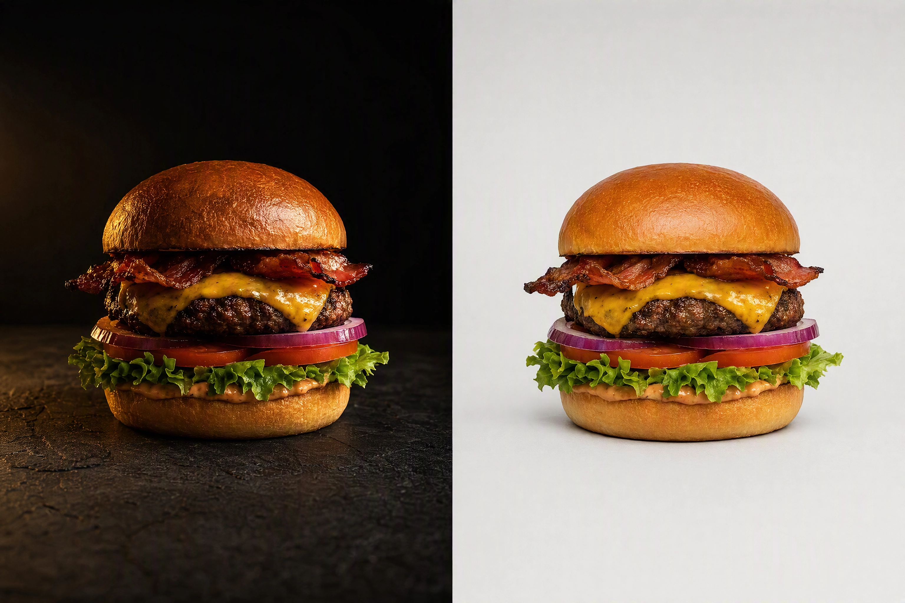 Same burger shot twice in one frame, dramatic side light versus flat even light, showing two food photography briefs