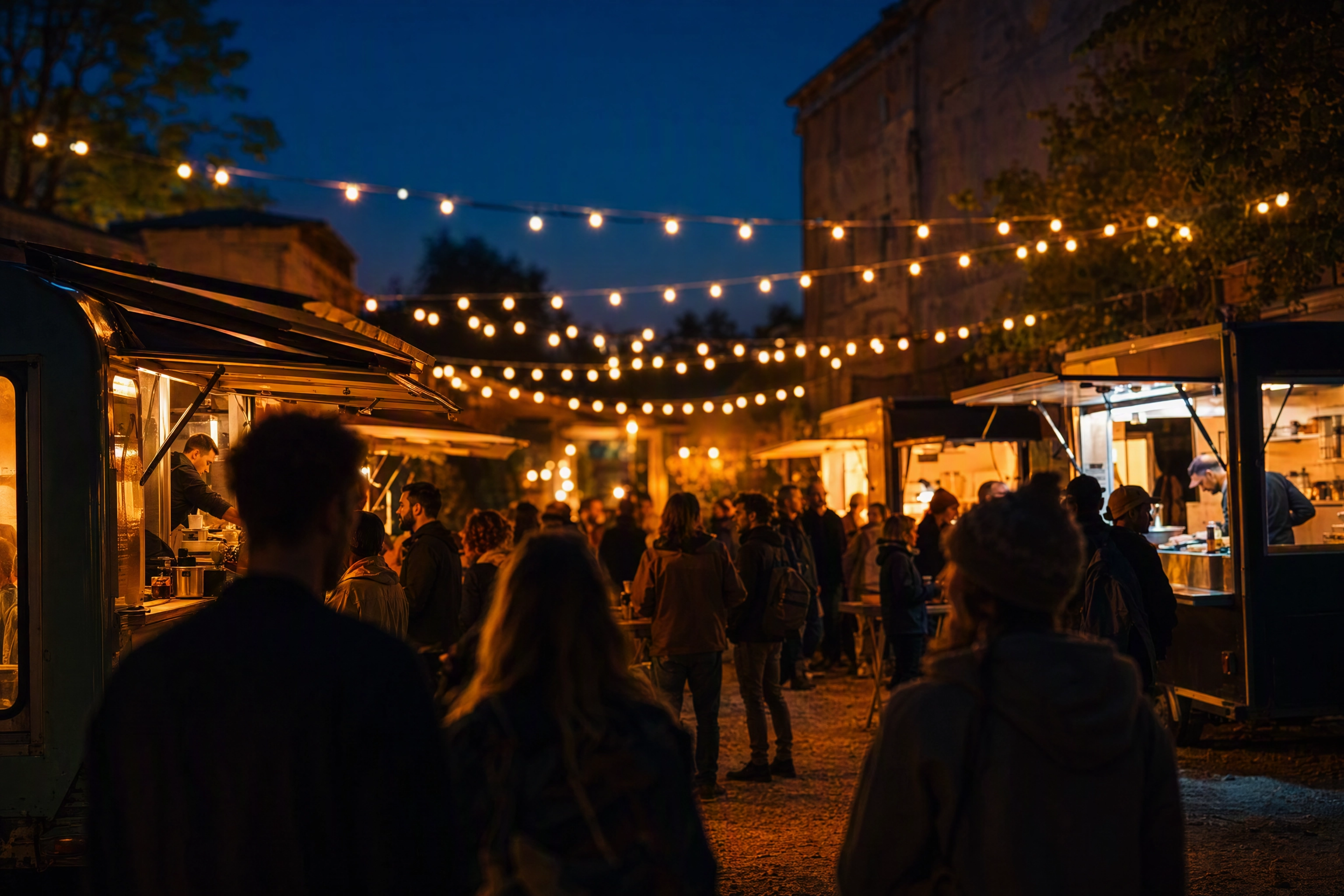 Row of mobile food kitchens lit at night under festoon bulbs with a crowd, showing food truck brand visibility