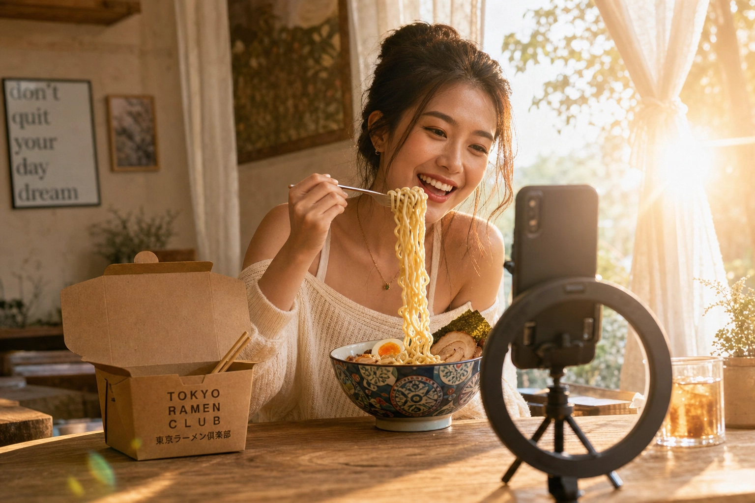 Matinfluencer som filmer en ramen-leveringsanmeldelse fra et ghost kitchen ved et solbelyst kafébord