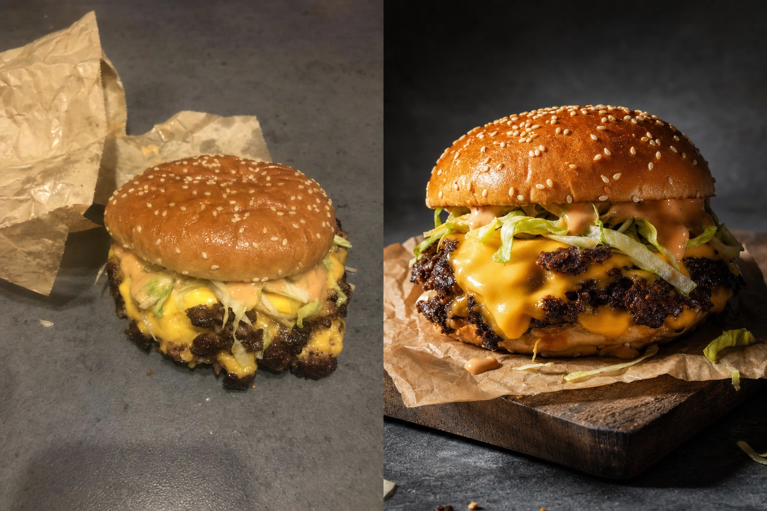 Sammenligning av telefonbilde og profesjonell studio-matfotografering av samme cheeseburger for leveringsapper