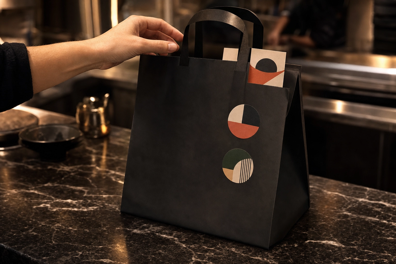 Merket ghost kitchen-takeaway-pose med kampanje-klistremerker på marmorbenk