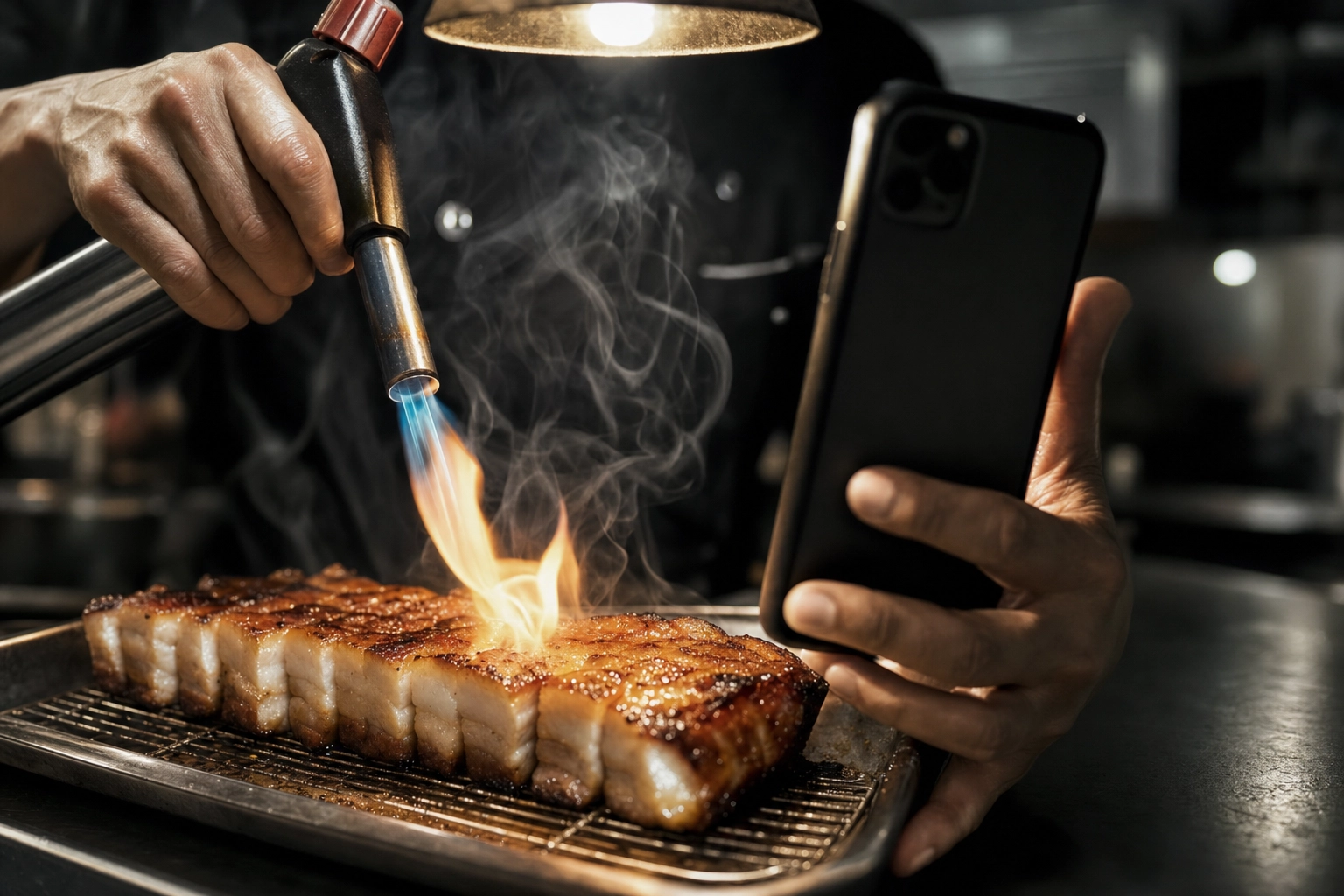Kokk som flamberer ribbe mens han filmer bak-kulissene-innhold til sosiale medier for ghost kitchen