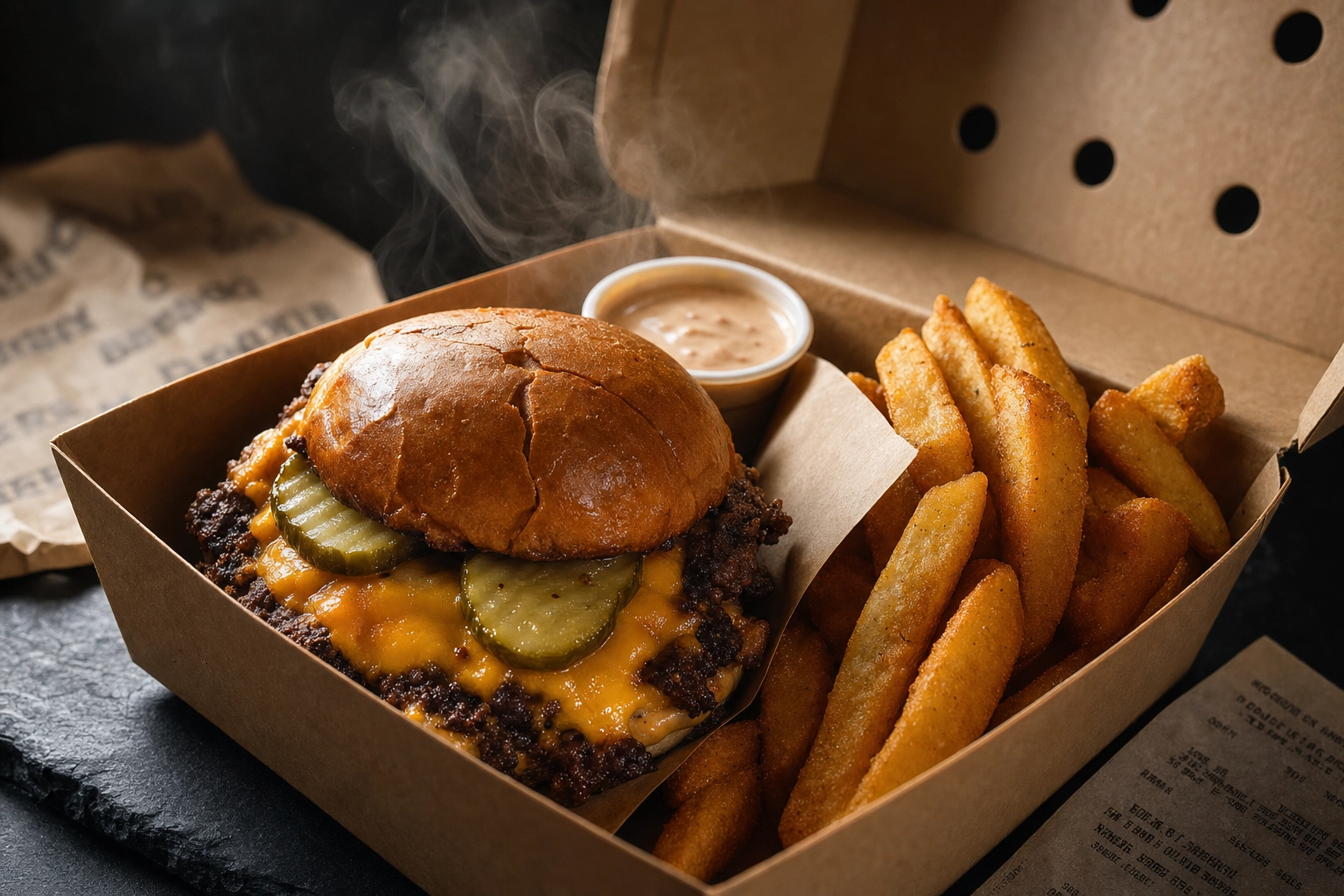 Close-up wadah takeaway berventilasi yang dirancang baik dengan burger dan kentang goreng yang dibuat tahan kirim untuk delivery