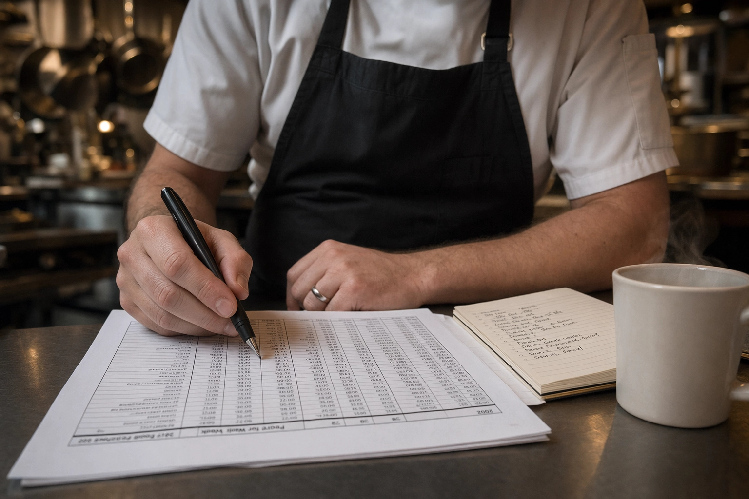 Chef reviewing printed menu performance analytics at a kitchen counter for ghost kitchen optimization