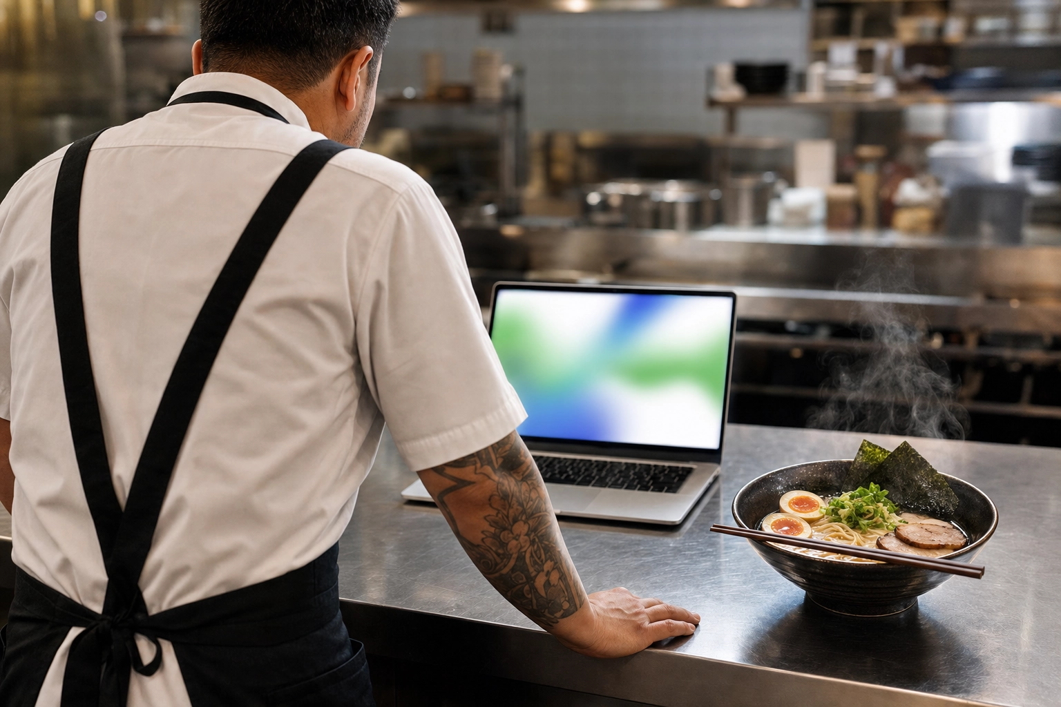 Chef-operator menganalisis data performa menu platform delivery di laptop di samping hidangan yang ditata di ghost kitchen