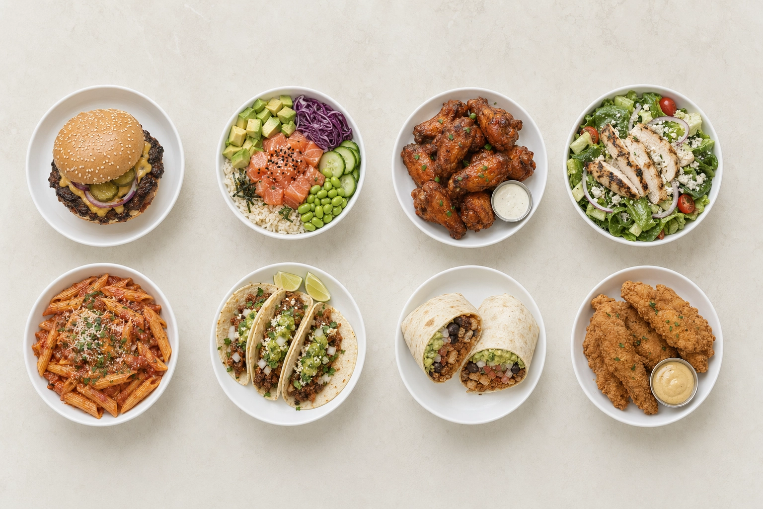 Eight focused delivery dishes arranged in a grid showing a tight curated ghost kitchen menu