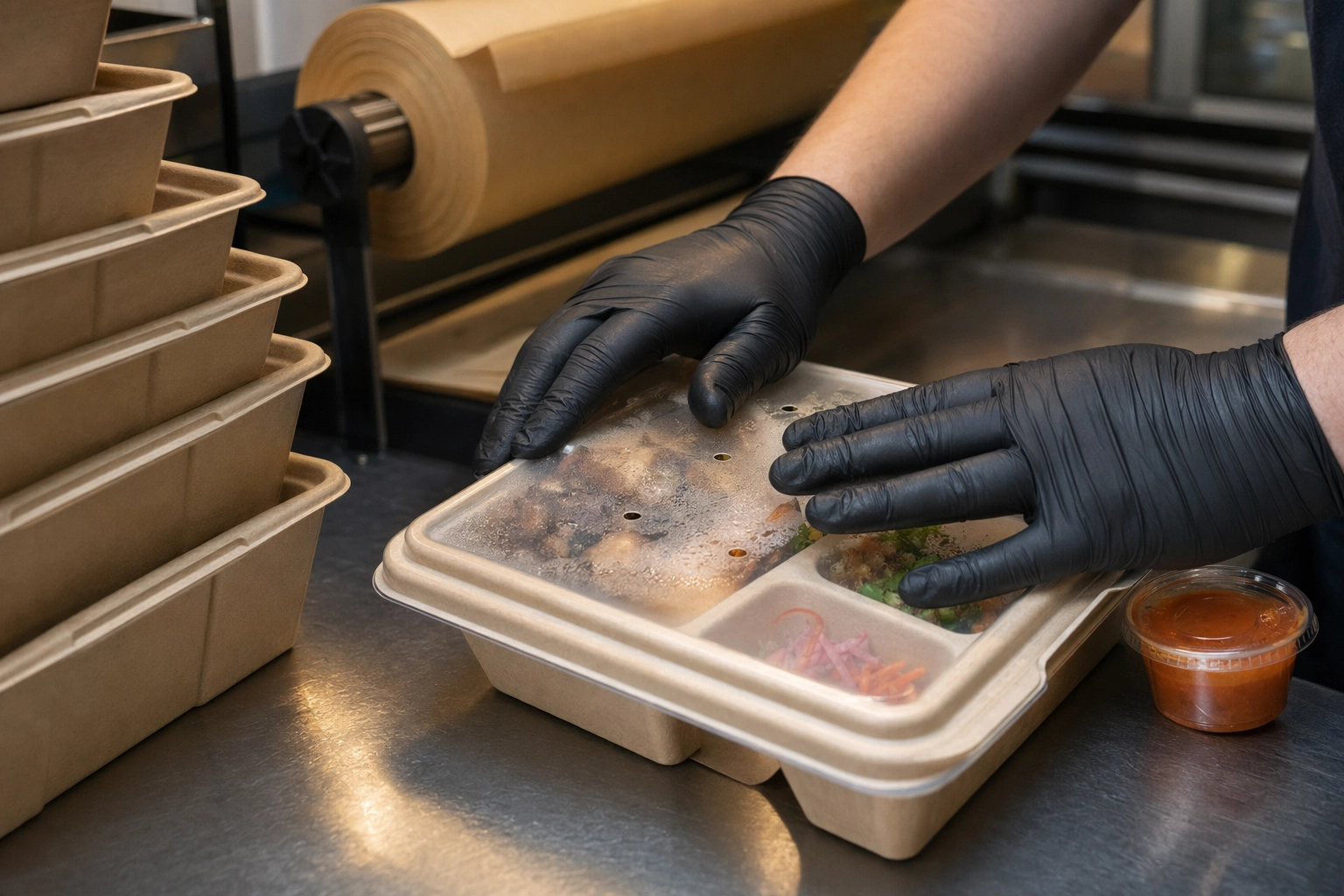 Hands sealing a vented compartment takeout container with separate sections for delivery-friendly food packaging