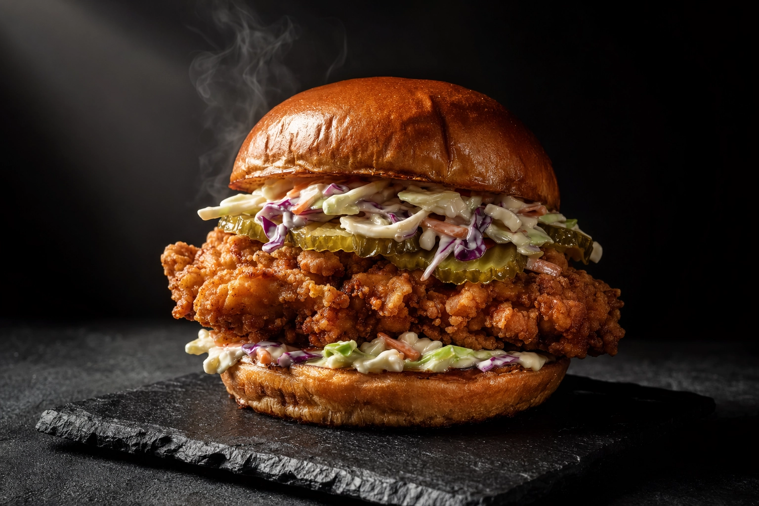 Crispy buttermilk chicken sandwich hero shot demonstrating professional delivery app menu photography