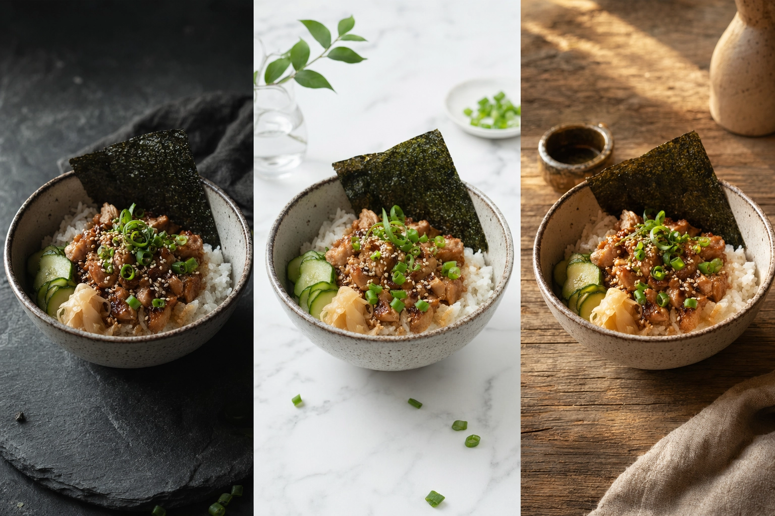 Same rice bowl photographed in three distinct visual styles showing how one kitchen can power multiple virtual brands