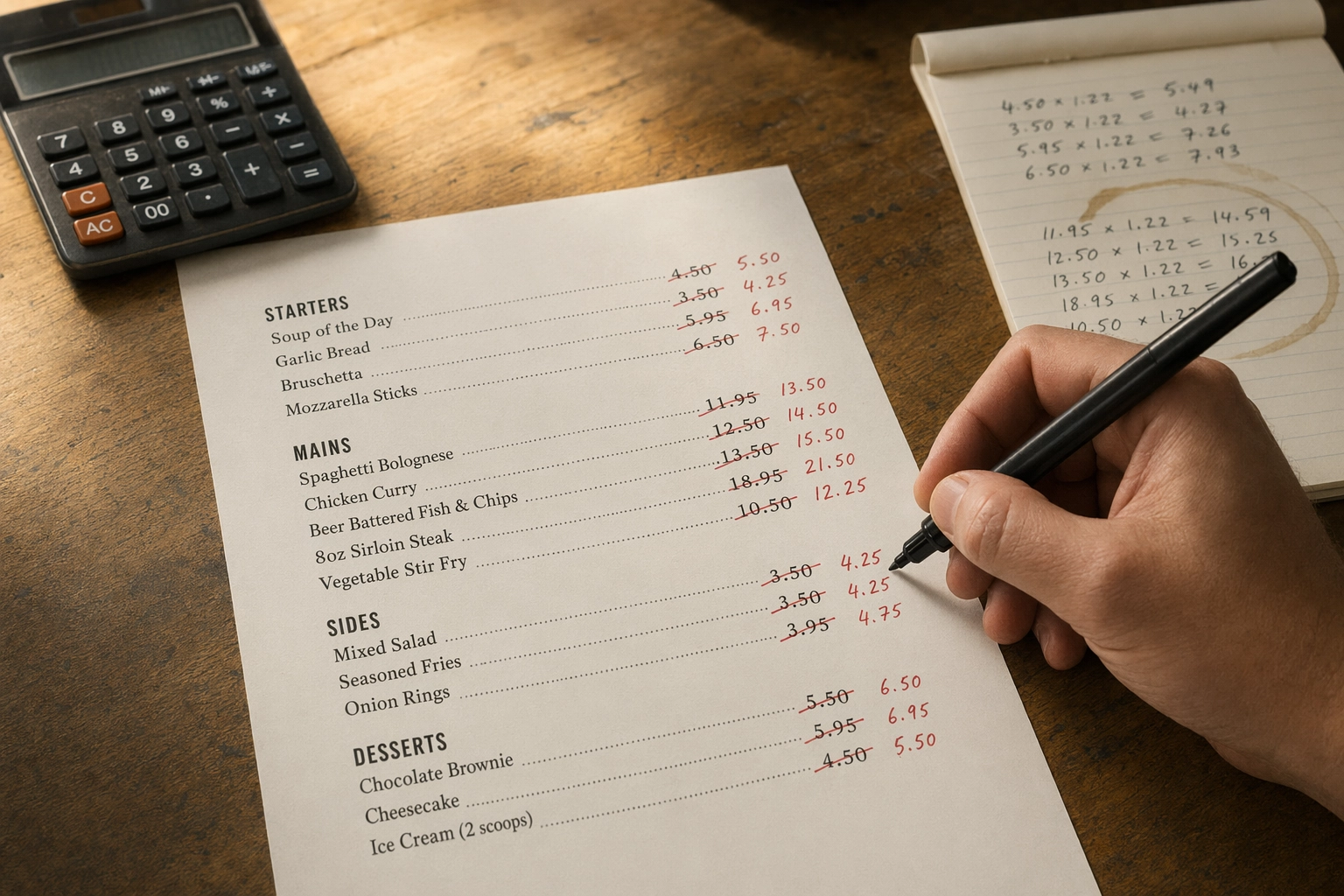 Hand revising ghost kitchen menu prices with pen and calculator to protect margin after delivery platform fees