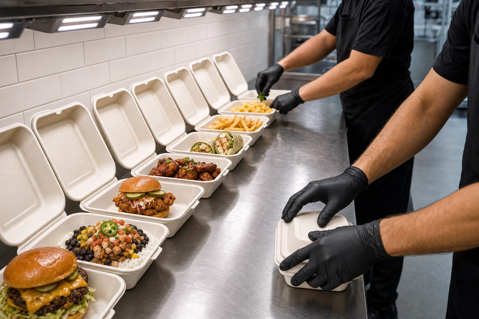 Lini prep dapur komersial yang fokus dengan menu kecil hidangan siap-delivery yang berjejer dalam wadah takeaway