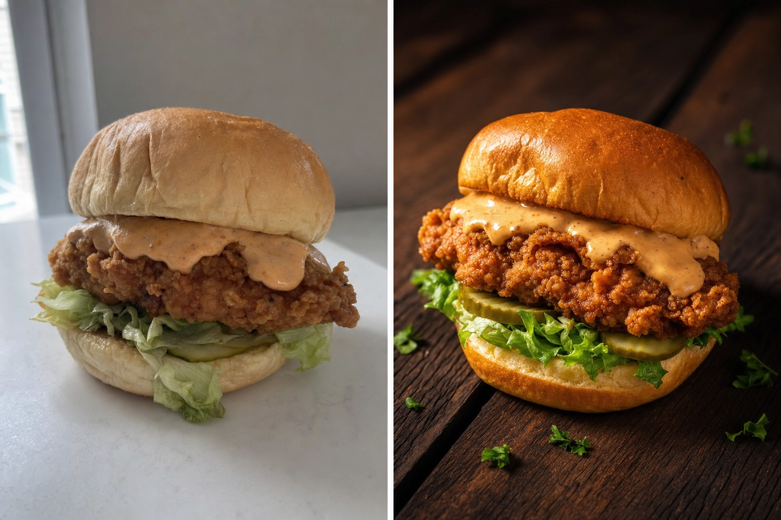 Perbandingan berdampingan antara foto makanan HP yang amatir dan versi profesional yang dipoles dari chicken sandwich yang sama