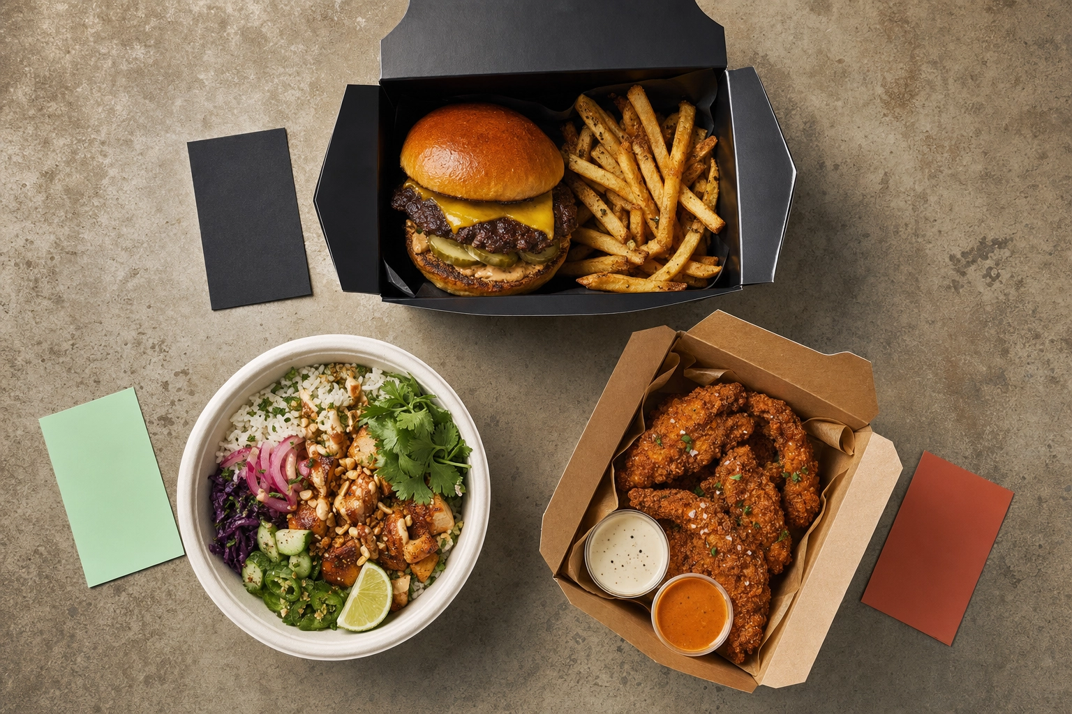 Tiga hidangan takeaway dari brand virtual yang berbeda secara visual disusun sebagai flat lay yang menggambarkan strategi multi-brand dari satu ghost kitchen