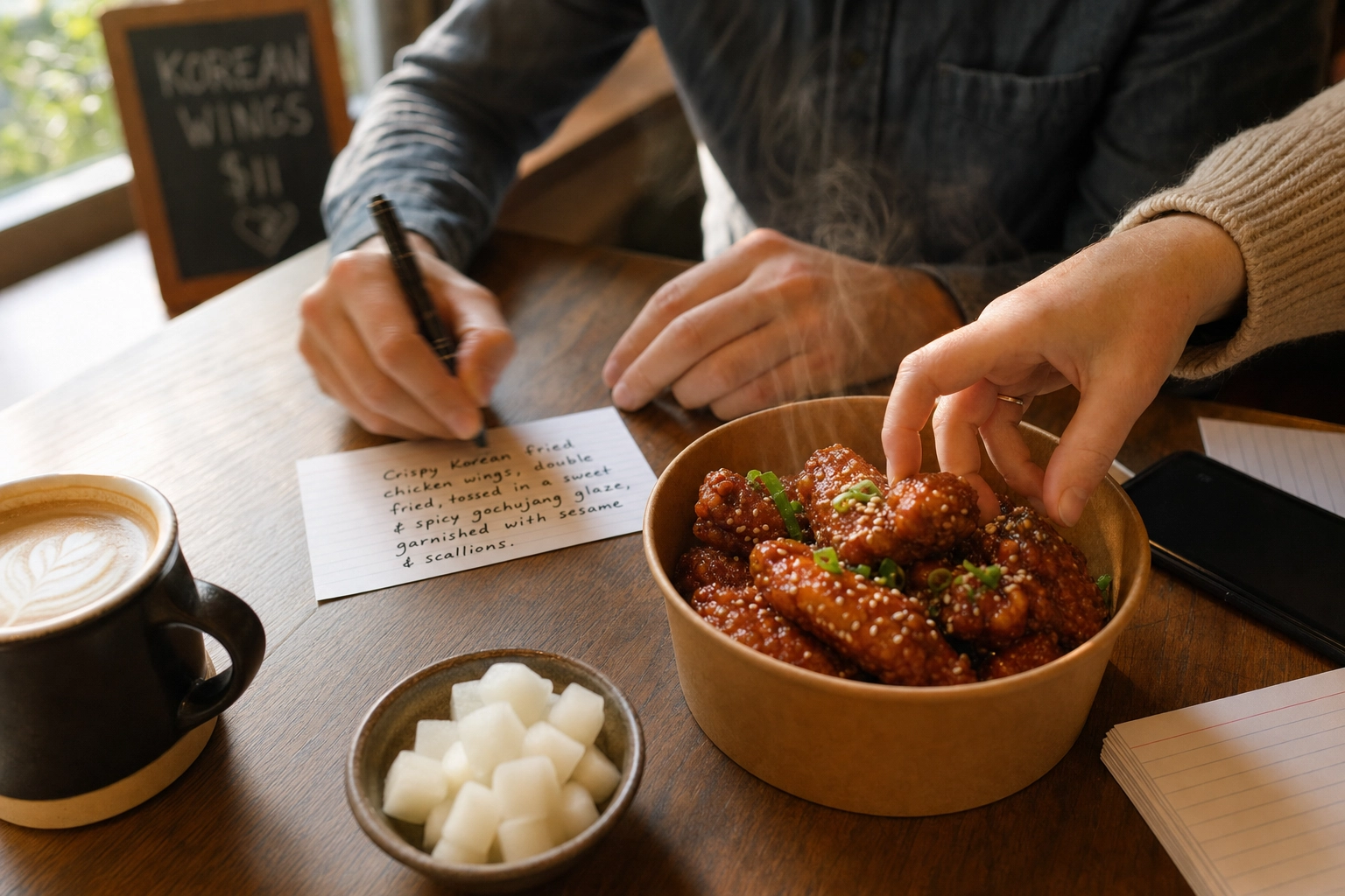 Tangan menulis deskripsi menu di kartu di samping hidangan Korean fried chicken glaze untuk listing ghost kitchen