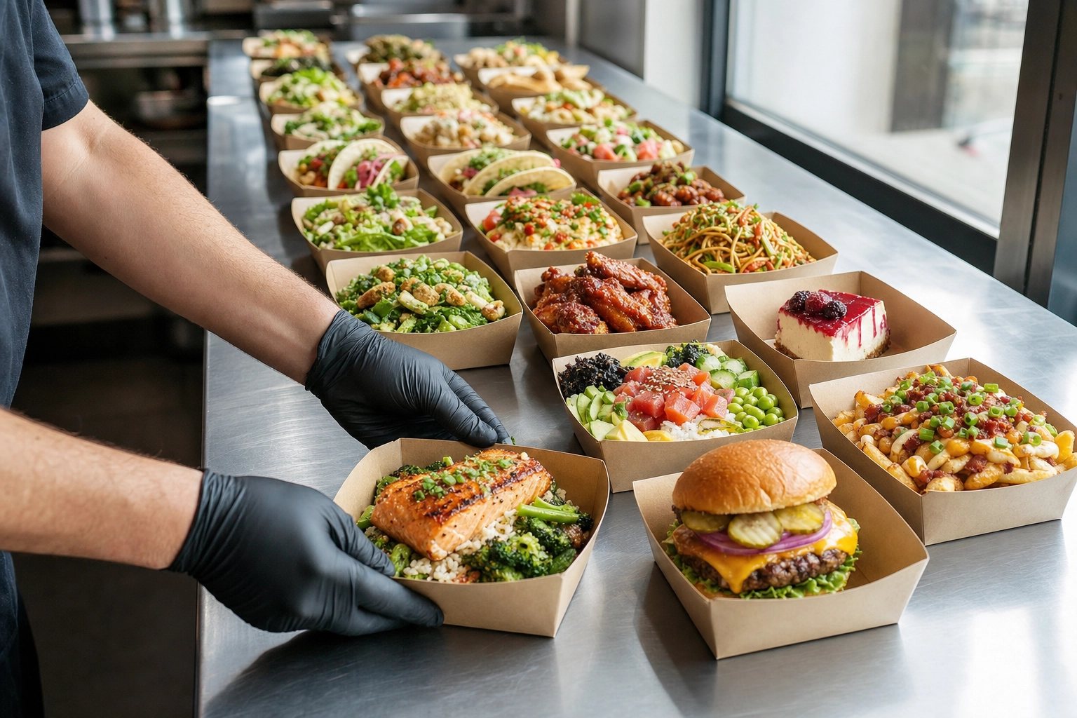 Twenty finished takeout dishes lined up on a steel table, a ghost kitchen menu ready to photograph before launch