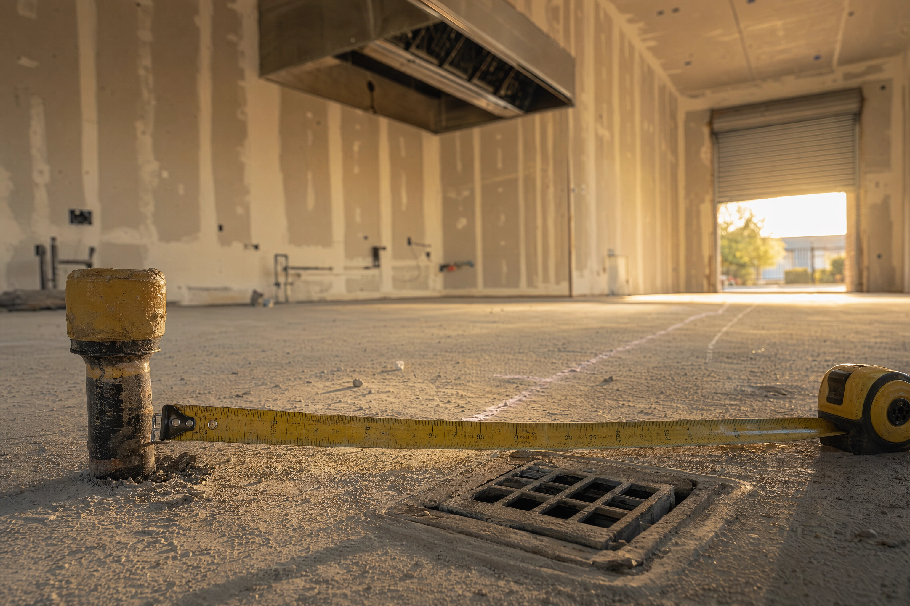 Tape measure across the floor of an empty commercial kitchen shell, the per-square-foot way to rent raw space