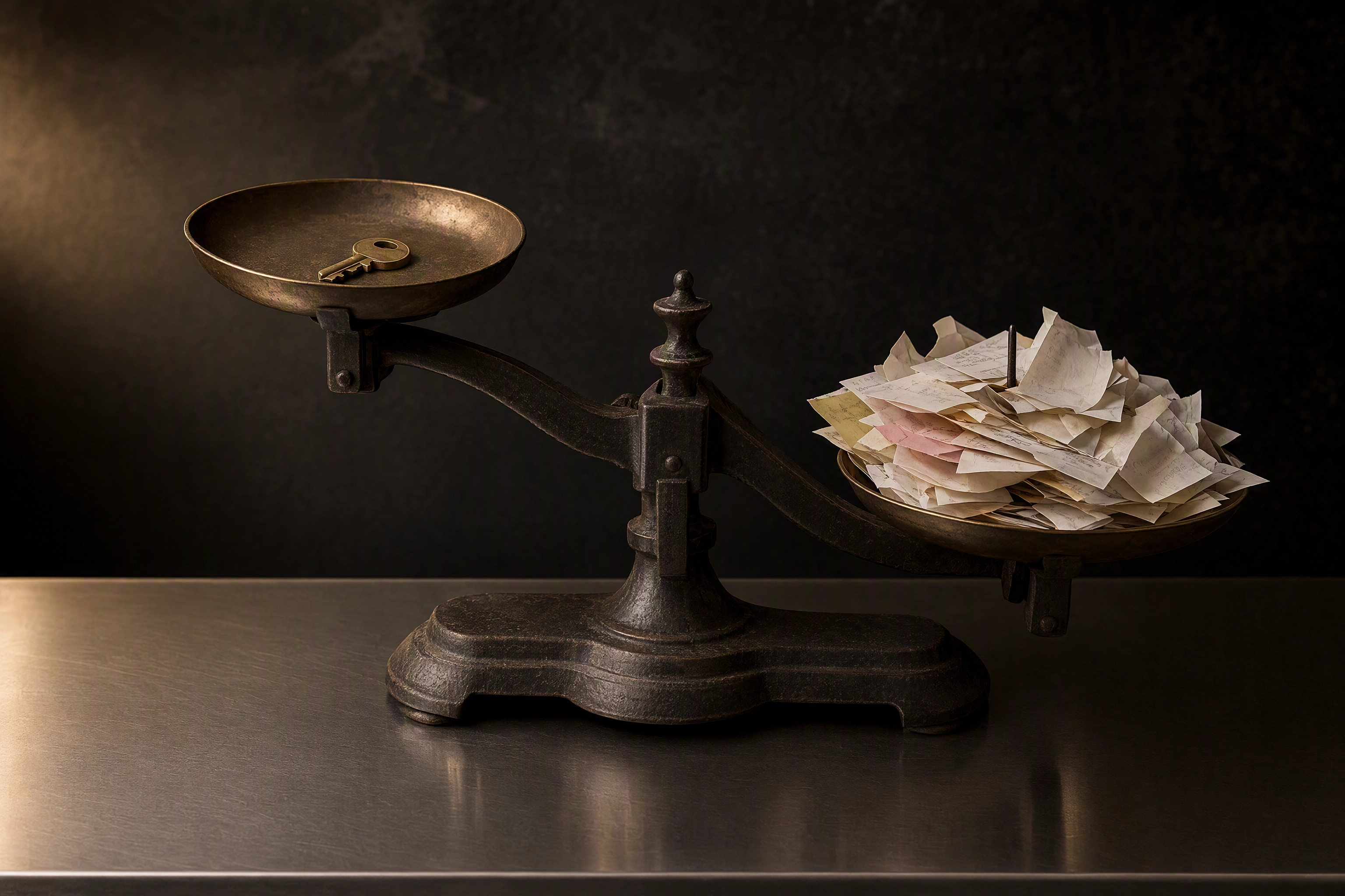 Balance scale with a single kitchen key outweighed by a pile of order tickets, rent versus app commission