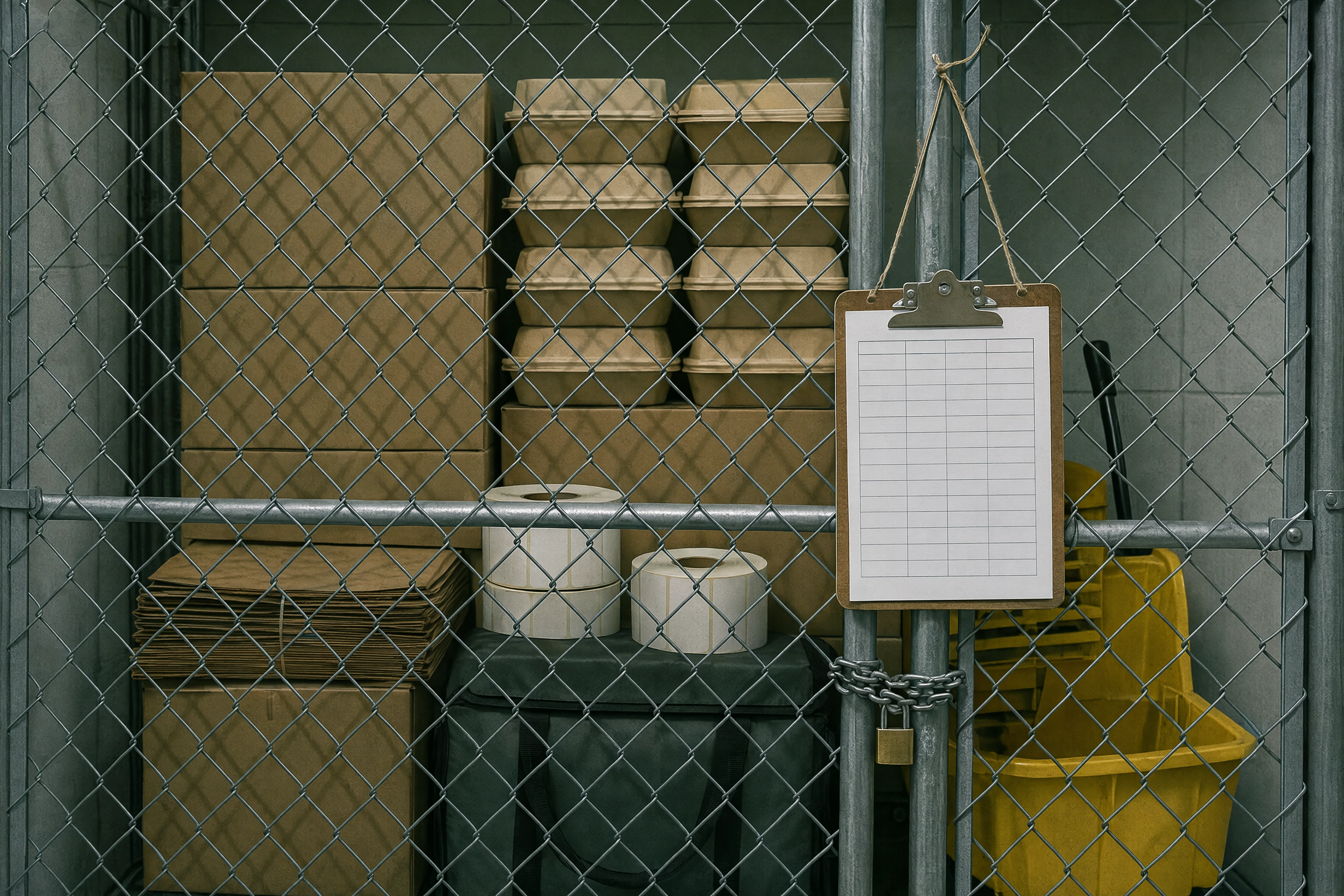Padlocked tenant storage cage of takeout containers and bags in a shared kitchen, a hidden ghost kitchen fee