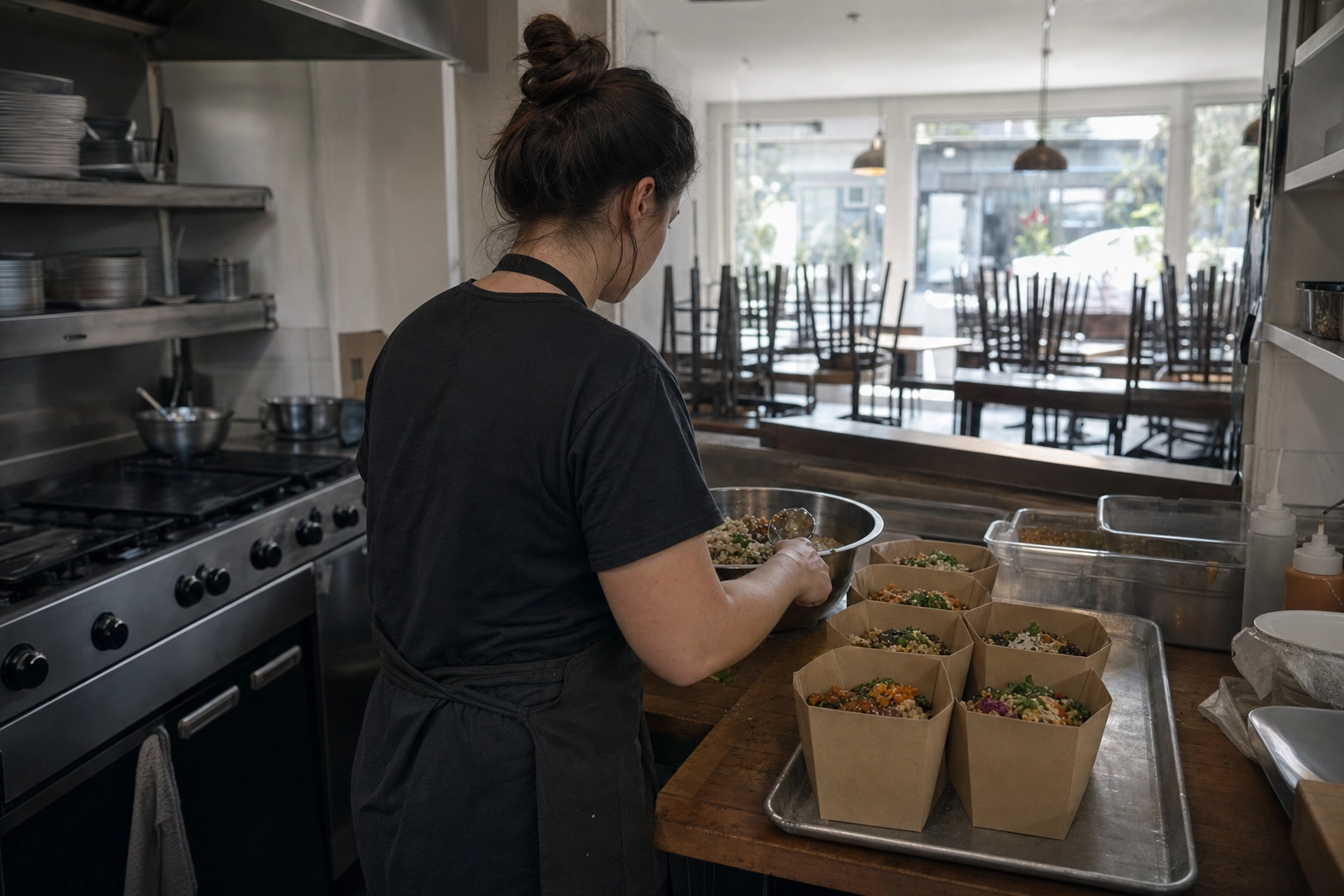 Cook packing delivery bowls in a quiet restaurant kitchen between services, running a virtual brand in spare hours