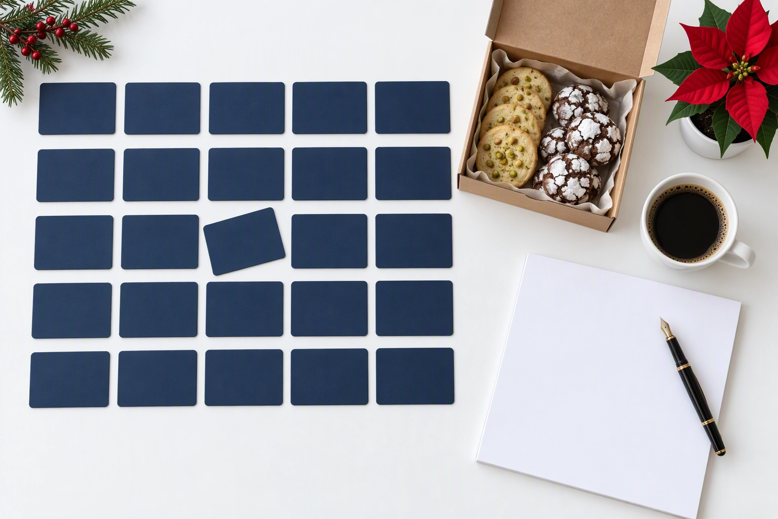 Twenty-five blank navy gift cards laid in a grid on an office desk beside holiday cookies, a corporate bulk gift card order