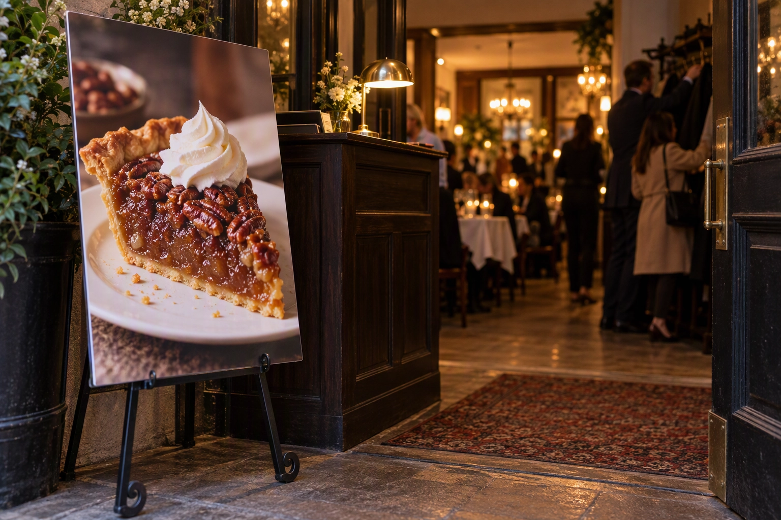 Large glossy photo print of pecan pie on an easel by a restaurant host stand, the food visual that sells gift cards