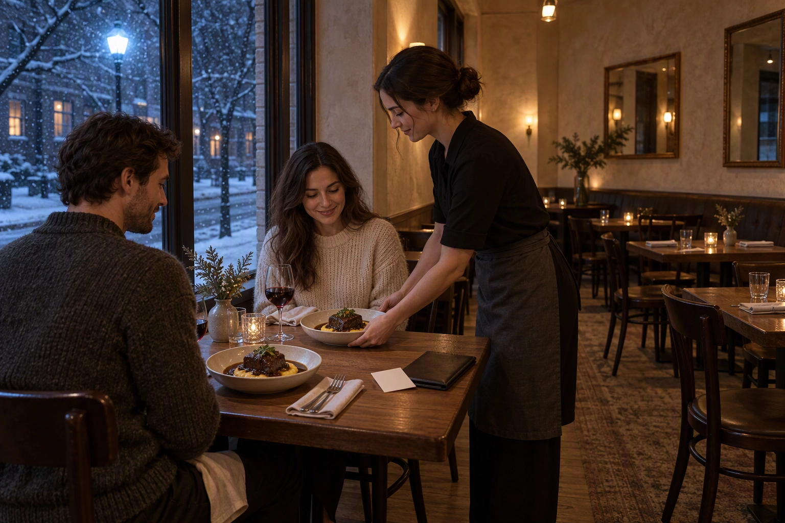 Couple redeeming a bonus gift card on a quiet snowy January night in a half-empty bistro over braised short rib