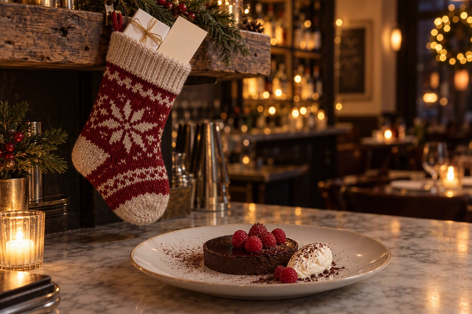 Knit stocking with a white pastry box and blank gift card above a dark chocolate tart, a stocking stuffer gift card promotion
