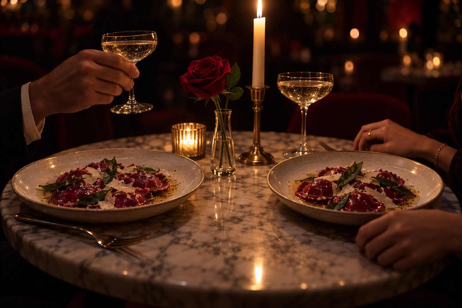 Candlelit Valentine's dinner for two with handmade beetroot ravioli and a single red rose, the date a gift card bonus pays for