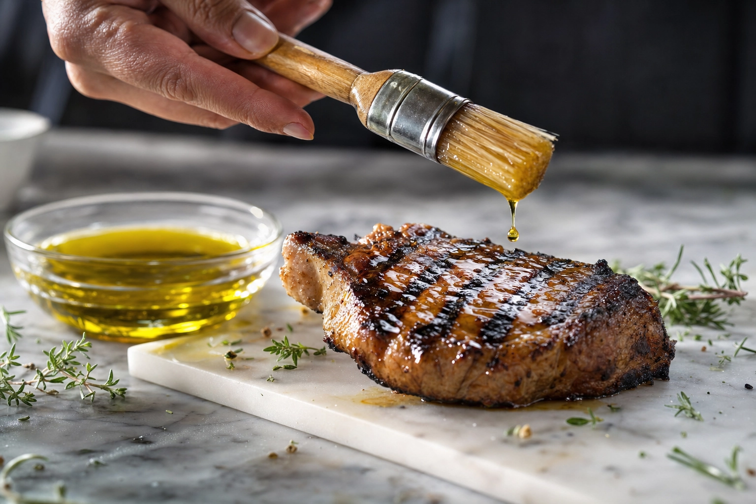 A hand brushing olive oil onto grilled meat with a pastry brush to add sheen, a food styling close-up