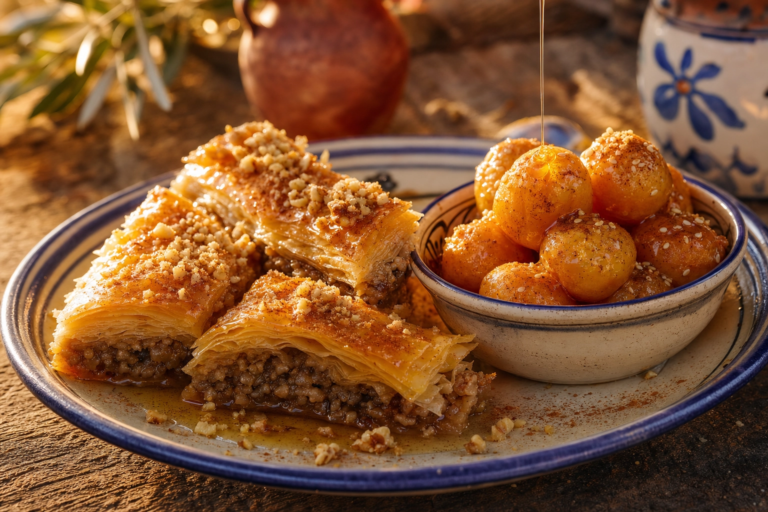 Greek desserts close-up: honey-soaked baklava with walnuts and loukoumades doughnuts on a blue-rimmed plate