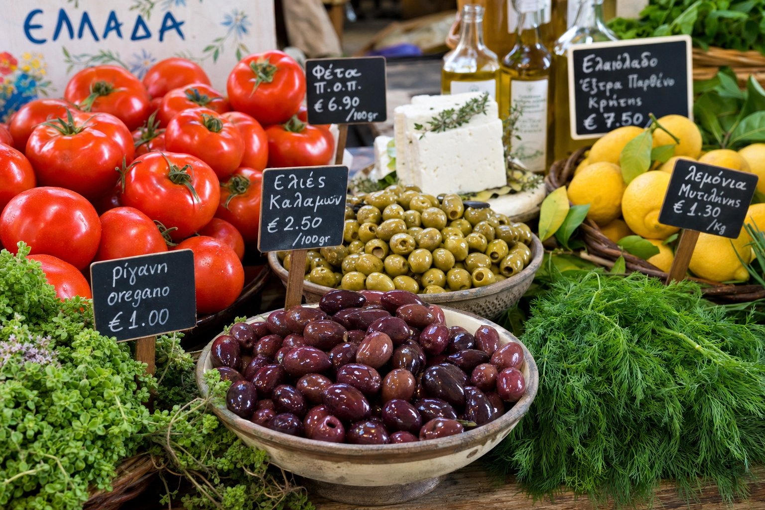 Fresh Greek ingredients at a market: ripe tomatoes, olives, feta, lemons, oregano and olive oil in daylight