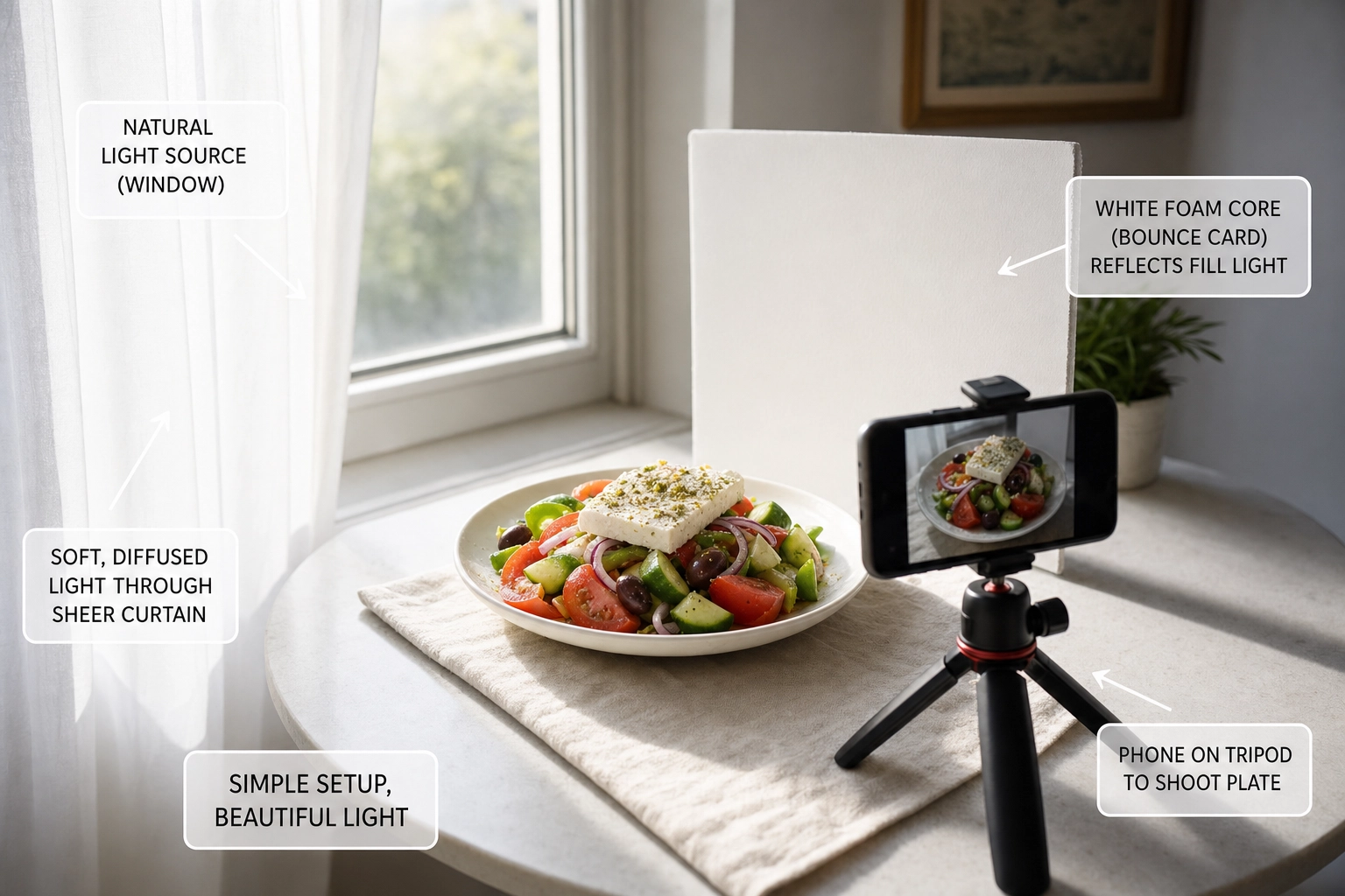 Natural-light food photography setup: a Greek salad beside a curtained window with a white bounce card and tripod
