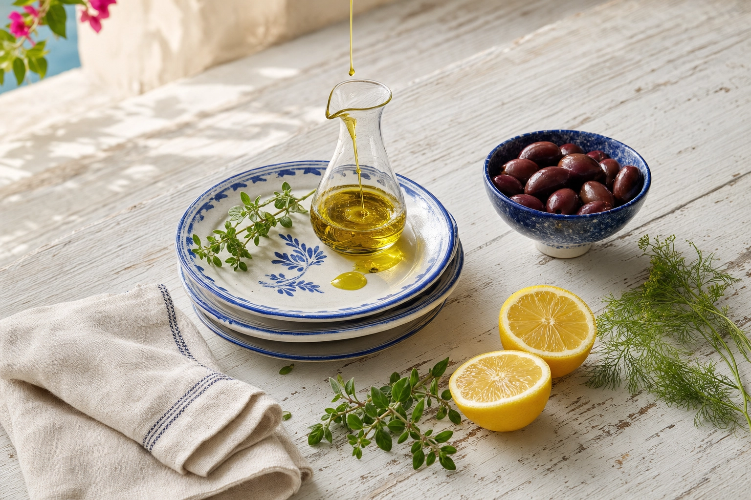 Greek food photography styling props: blue-and-white plates, olive oil carafe, lemons, Kalamata olives and oregano