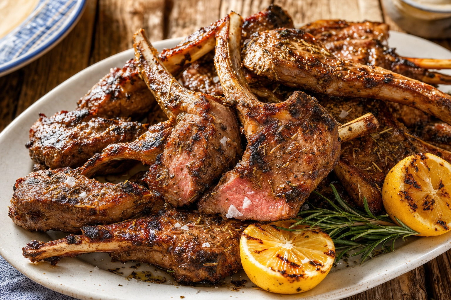Greek grilled lamb chops (paidakia) with char marks, oregano and lemon stacked on a white platter
