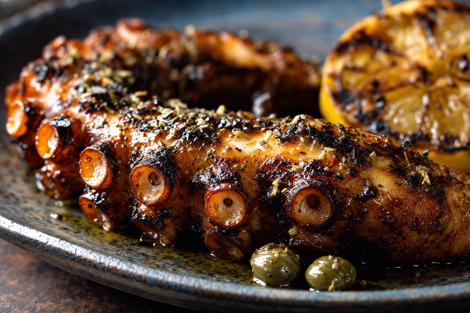 Macro of a charred grilled octopus tentacle glossed with olive oil, lemon and oregano on a blue-grey plate