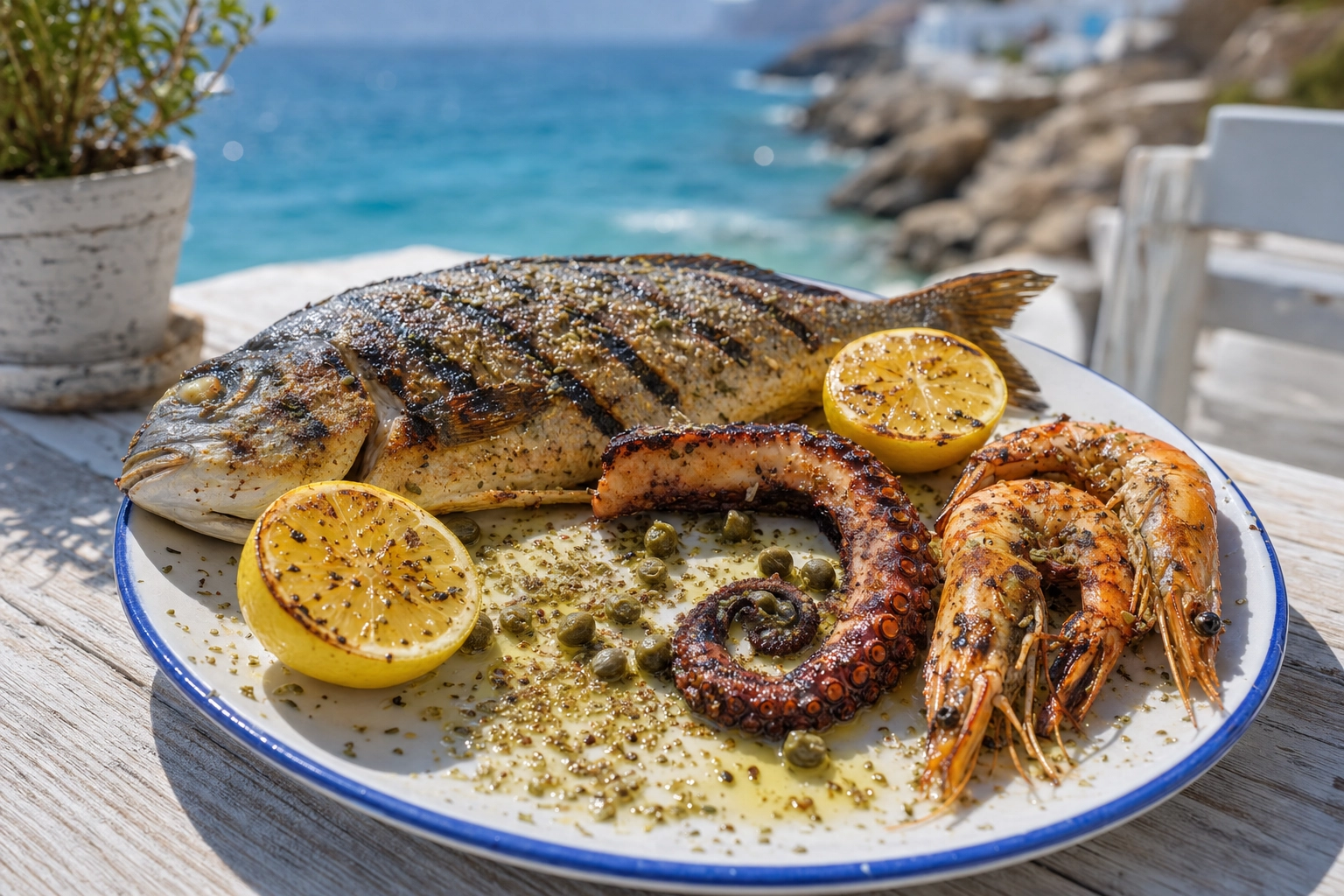Whole grilled sea bream and charred octopus with lemon and olive oil on a blue plate by the turquoise Aegean