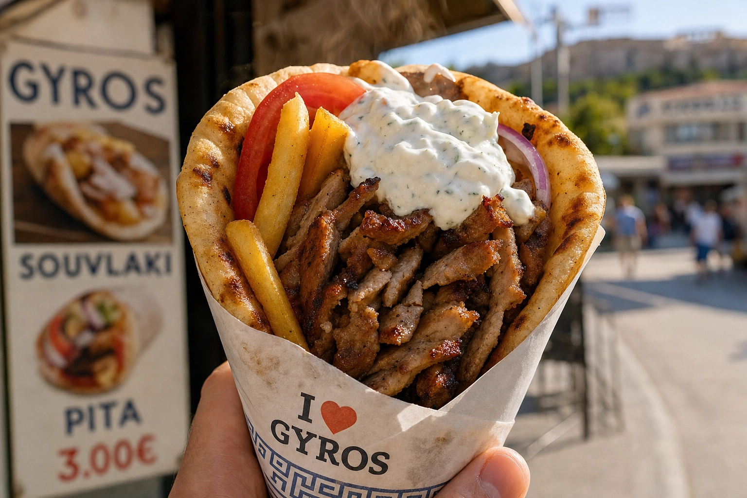Greek gyro wrap in paper with charred pork, tomato, onion, fries and tzatziki held up against a sunny street