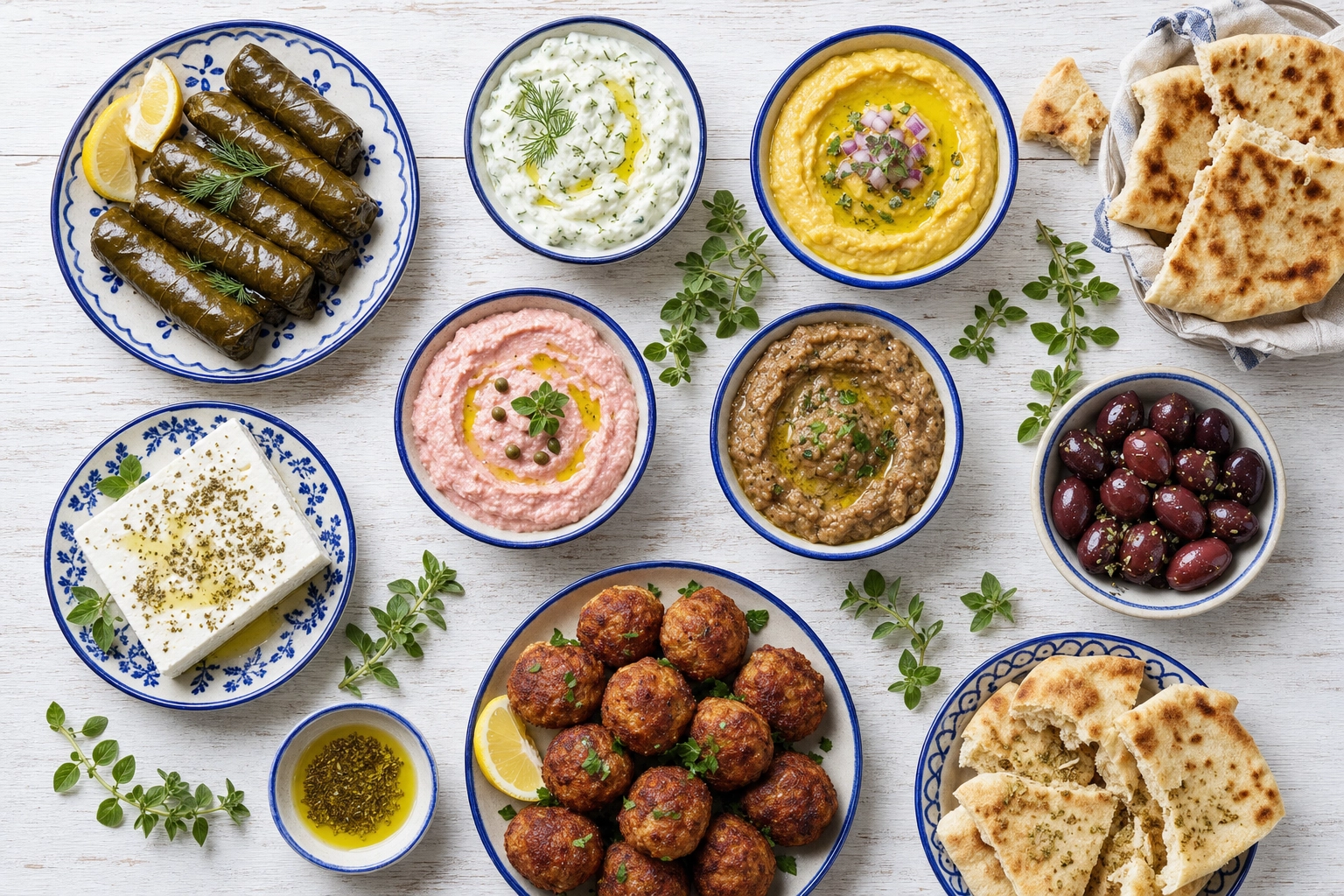 Overhead flat lay of a Greek mezze spread with tzatziki, fava, dolmades, feta, olives and pita on white wood