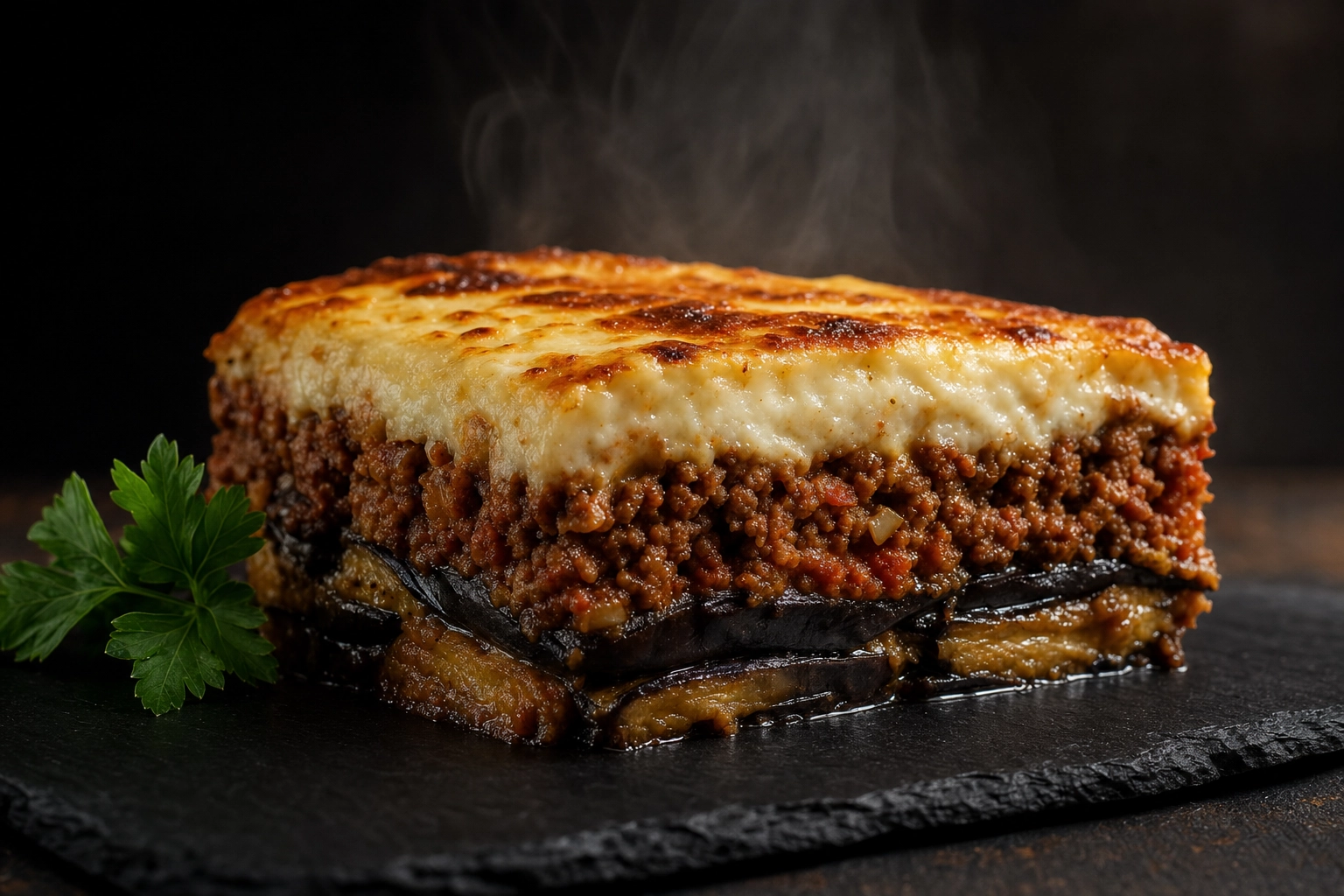 Cross-section of Greek moussaka showing eggplant, spiced meat and golden béchamel layers with steam on dark slate