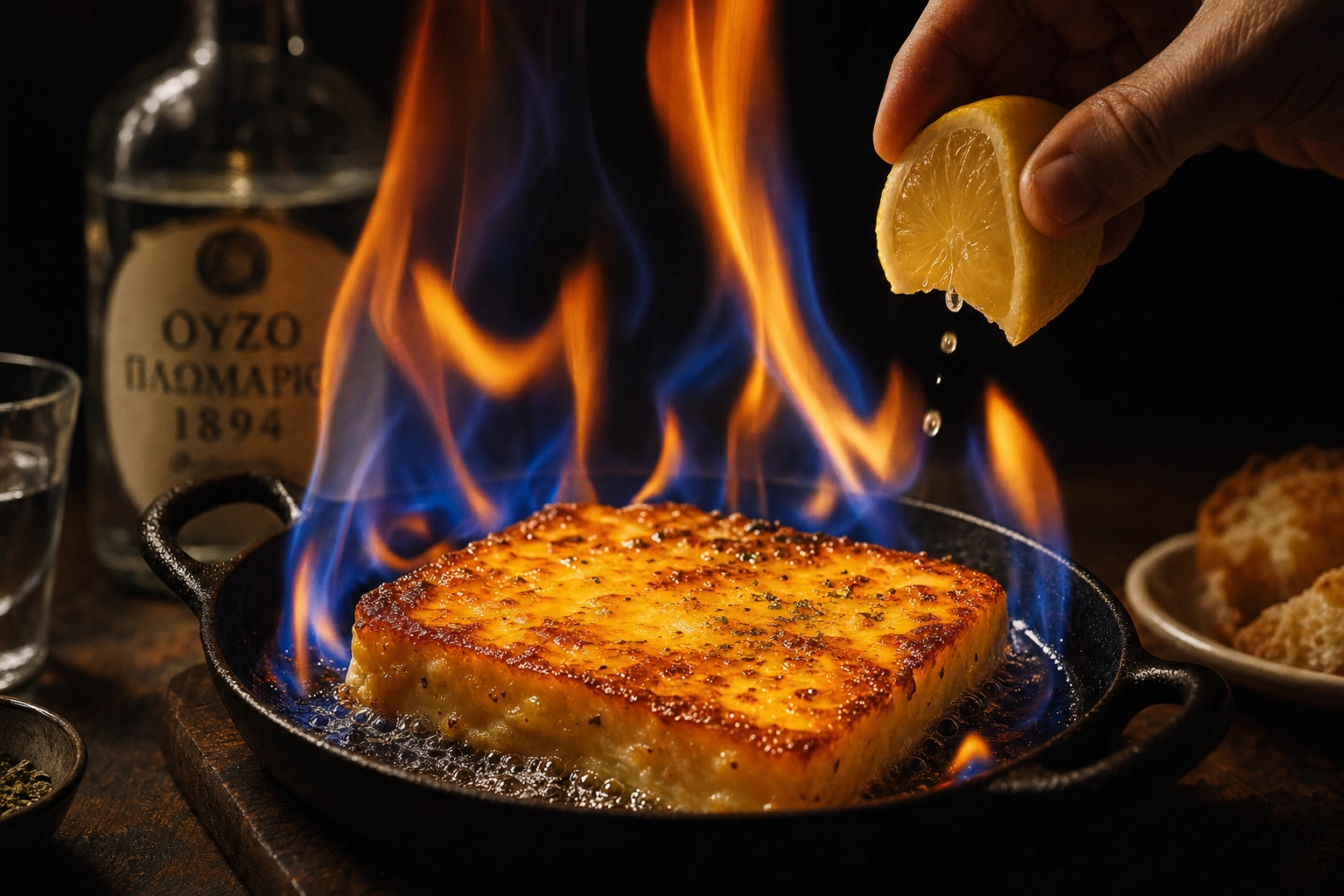 Greek saganaki fried cheese flambéing with flames in a cast-iron skillet, a lemon wedge ready to squeeze