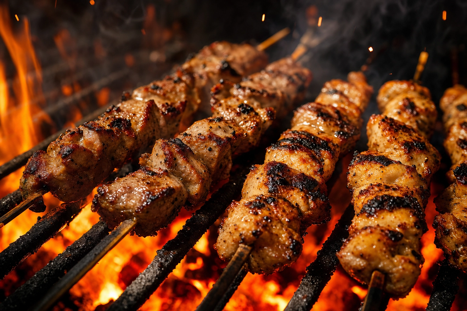 Pork and chicken souvlaki skewers with char marks grilling over glowing charcoal with rising smoke and flames