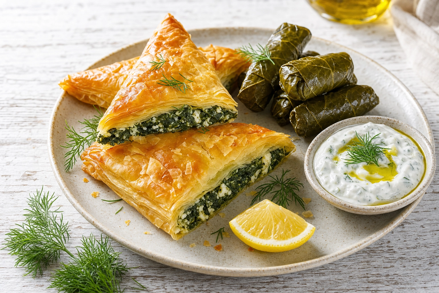 Greek spanakopita triangles with dolmades and tzatziki on pale stoneware in bright natural light