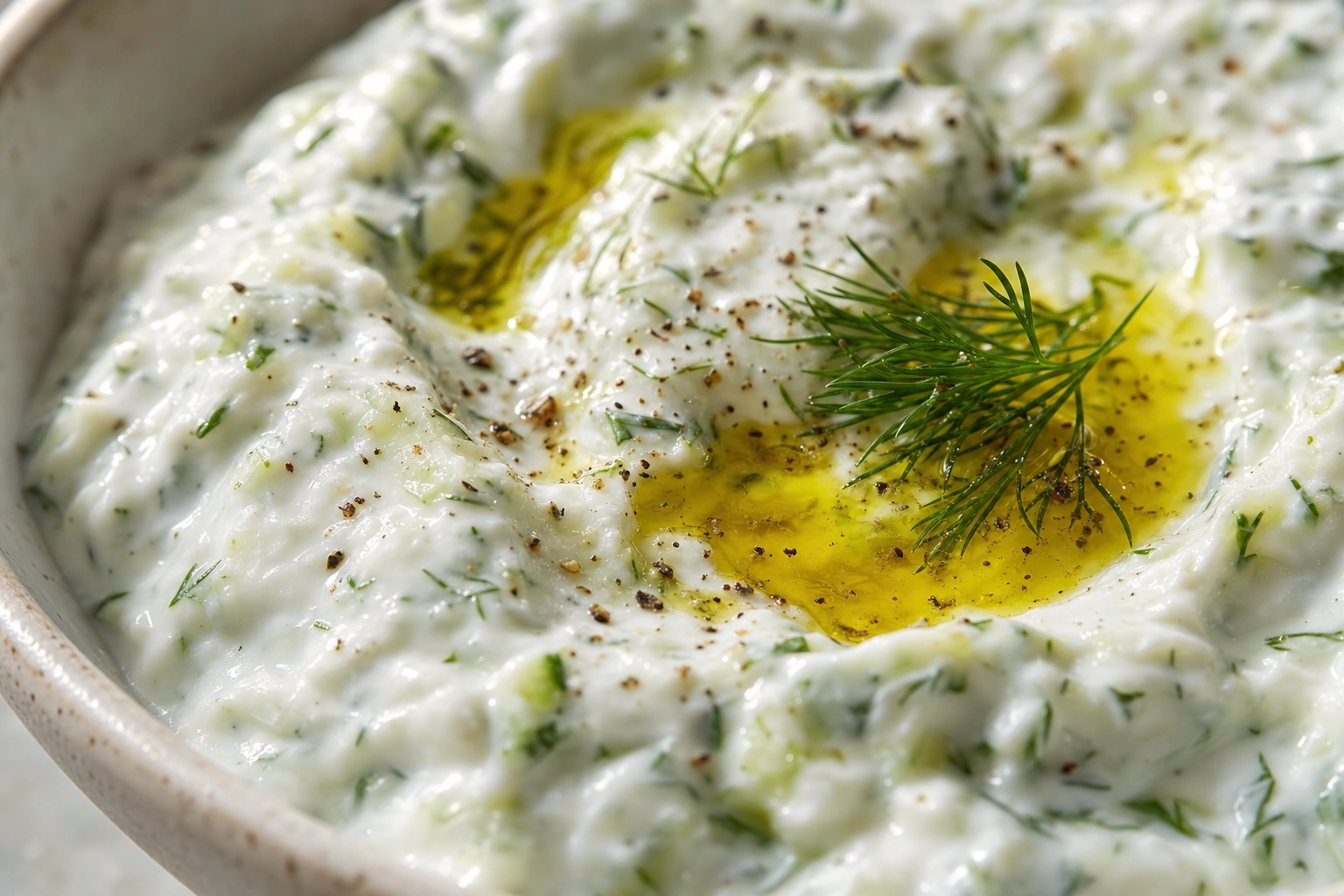 Macro of creamy Greek tzatziki dip with grated cucumber, dill and a glossy pool of olive oil on top